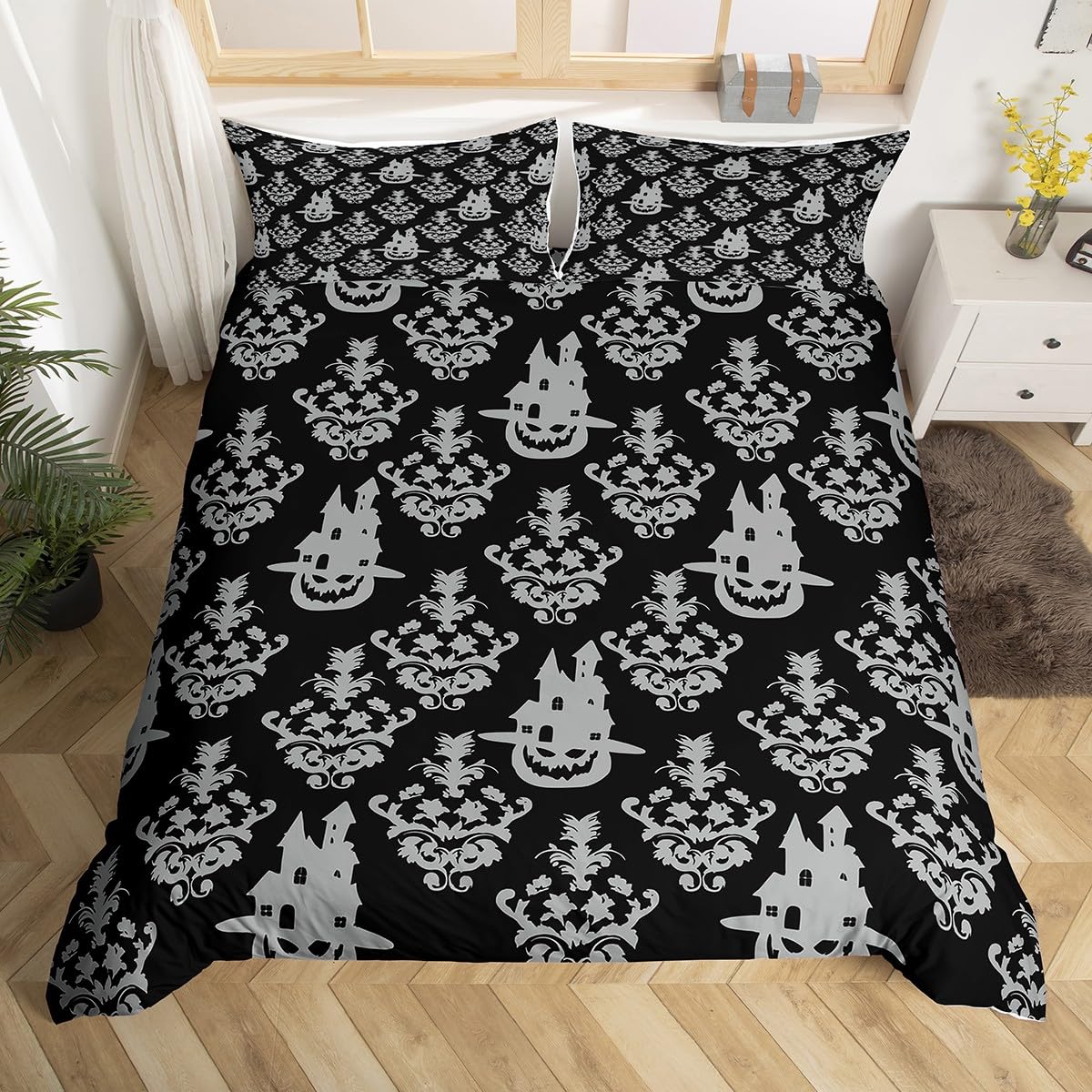 Gothic Duvet Cover Set Spooky Damask King Bedding Sets,Castle Halloween Lights Comforter Cover Goth Vintage Floral Victorian Bed Set,Black Grey Silhouette Halloween Decorations