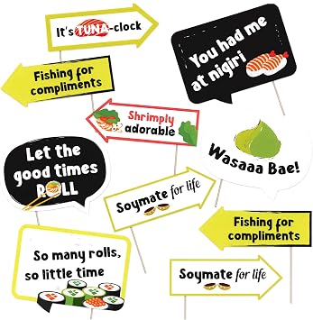 Funny Sushi Photo Booth Props - Lets Roll Themed Party Decorations - Japanese Photography Supplies - Selfie Props with Sticks - 10pcs