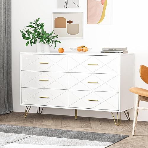 Miniatura 5 de Cómoda para dormitorio, cómoda blanca con 6 cajones profundos, cómoda ancha con asas doradas para sala de estar