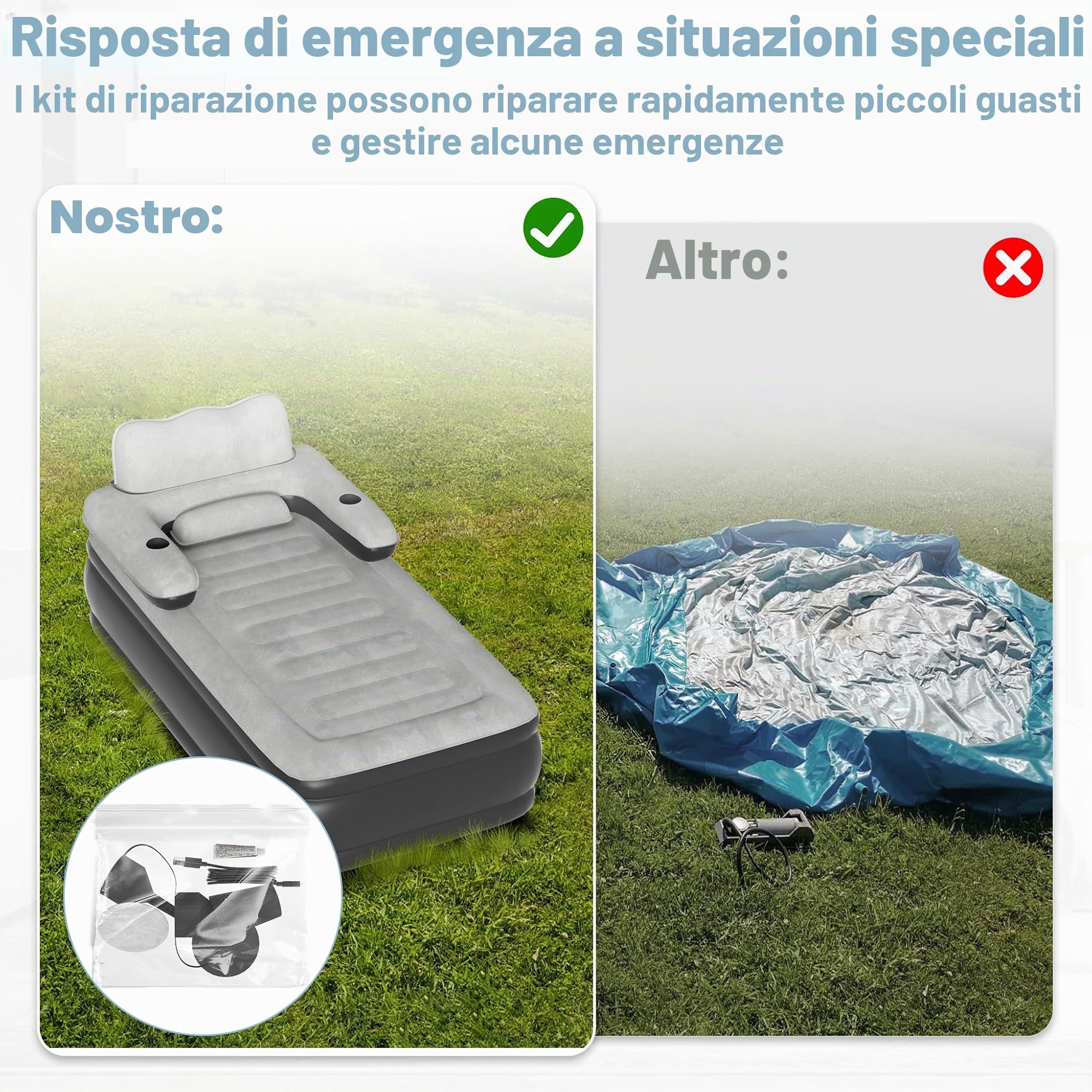 NAIZY Materasso ad aria 195×146×42 cm, letto ad aria per 2 persone, materasso gonfiabile con schienale, letto da campeggio incluso pompa ad aria, letto per gli ospiti, letto da viaggio, max fino a 250