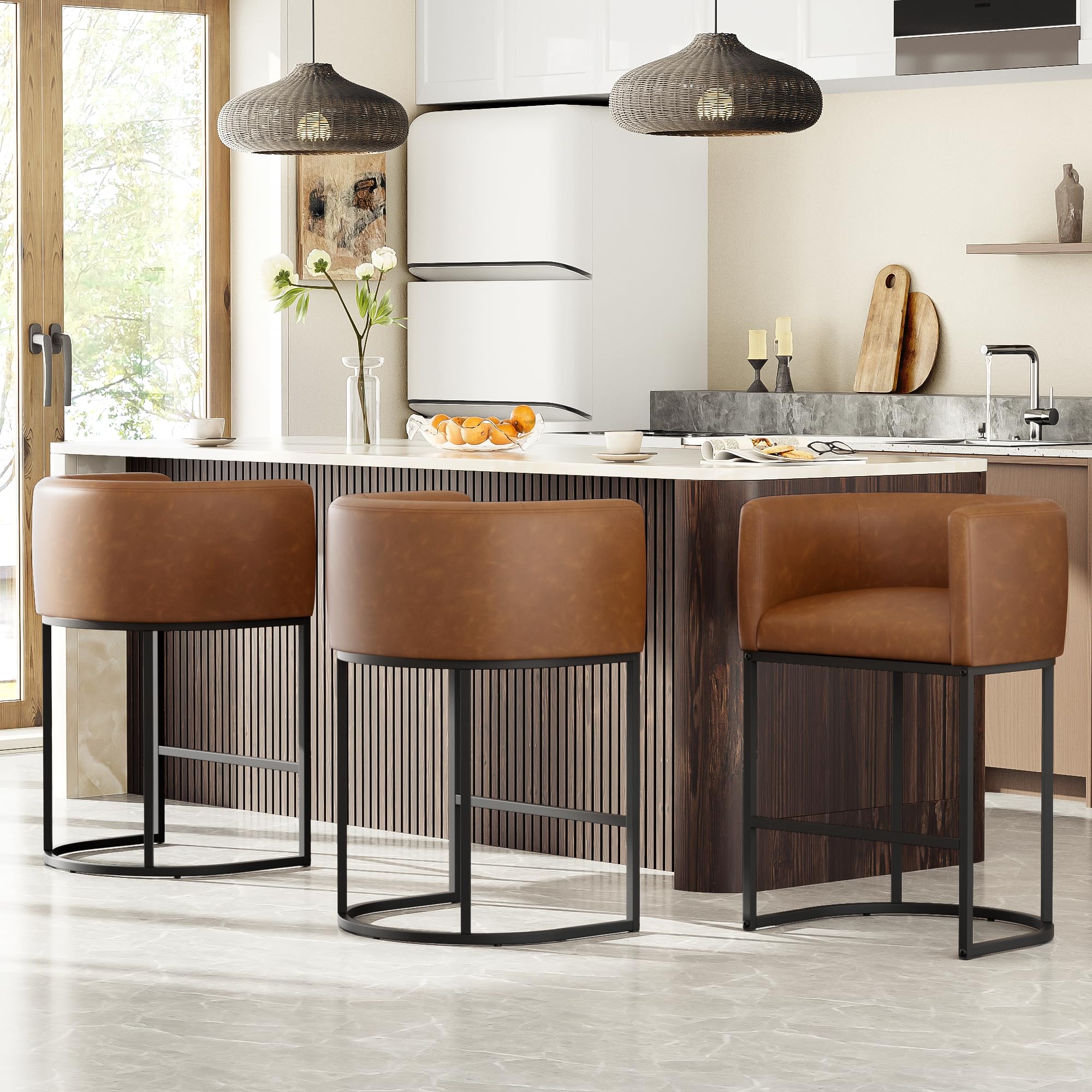 26" H Counter Height Bar Stools Set of 3, Modern Barrel Counter Stools with Backrest and Arms, Faux Leather Upholstered Accent Barstools for Kitchen Island,Support 450 LBS (Walnut Brown
