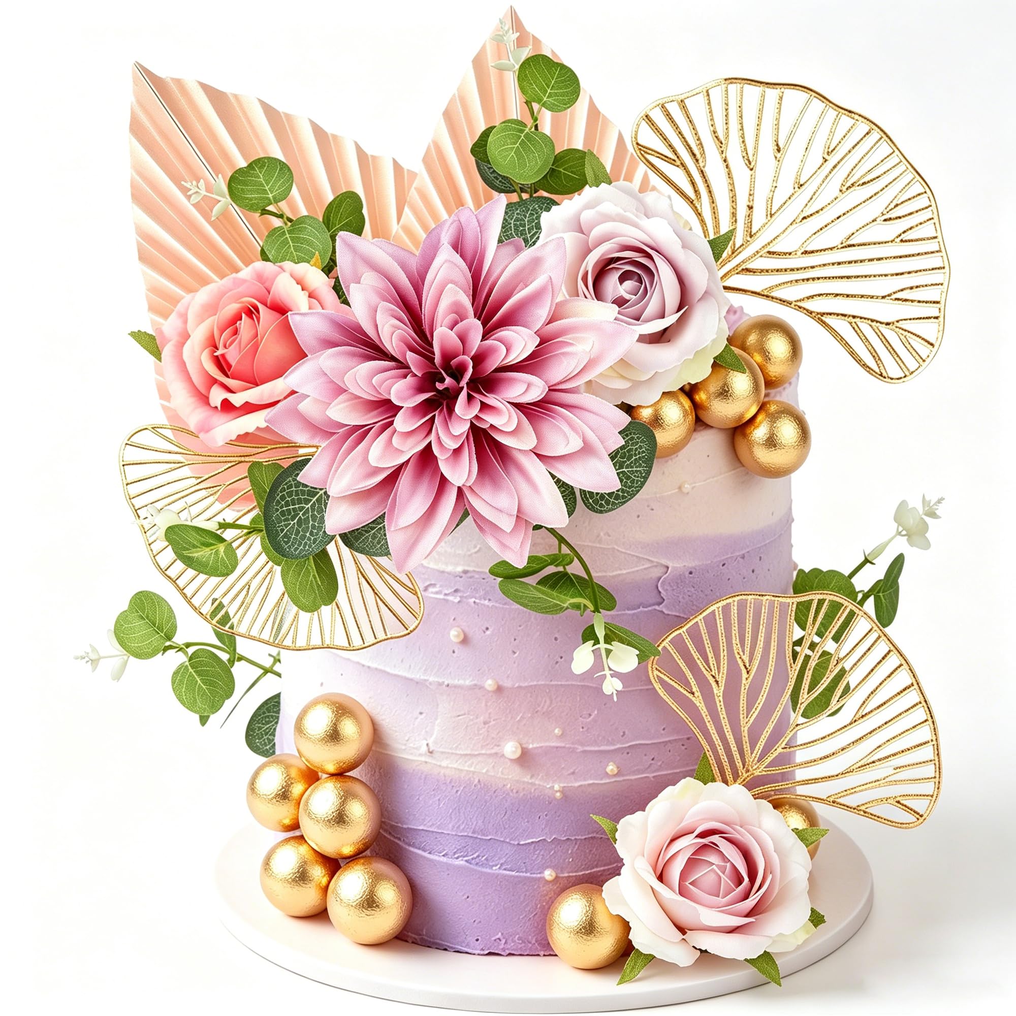 Xsstarmi Boho Flower Cake Decorations with Foam Ball Gold Ginkgo Leaves Purple Dahlia Rose Floral Cake Decor for Baby Shower Wedding Bridal Shower Birthday Party Cake Decorations