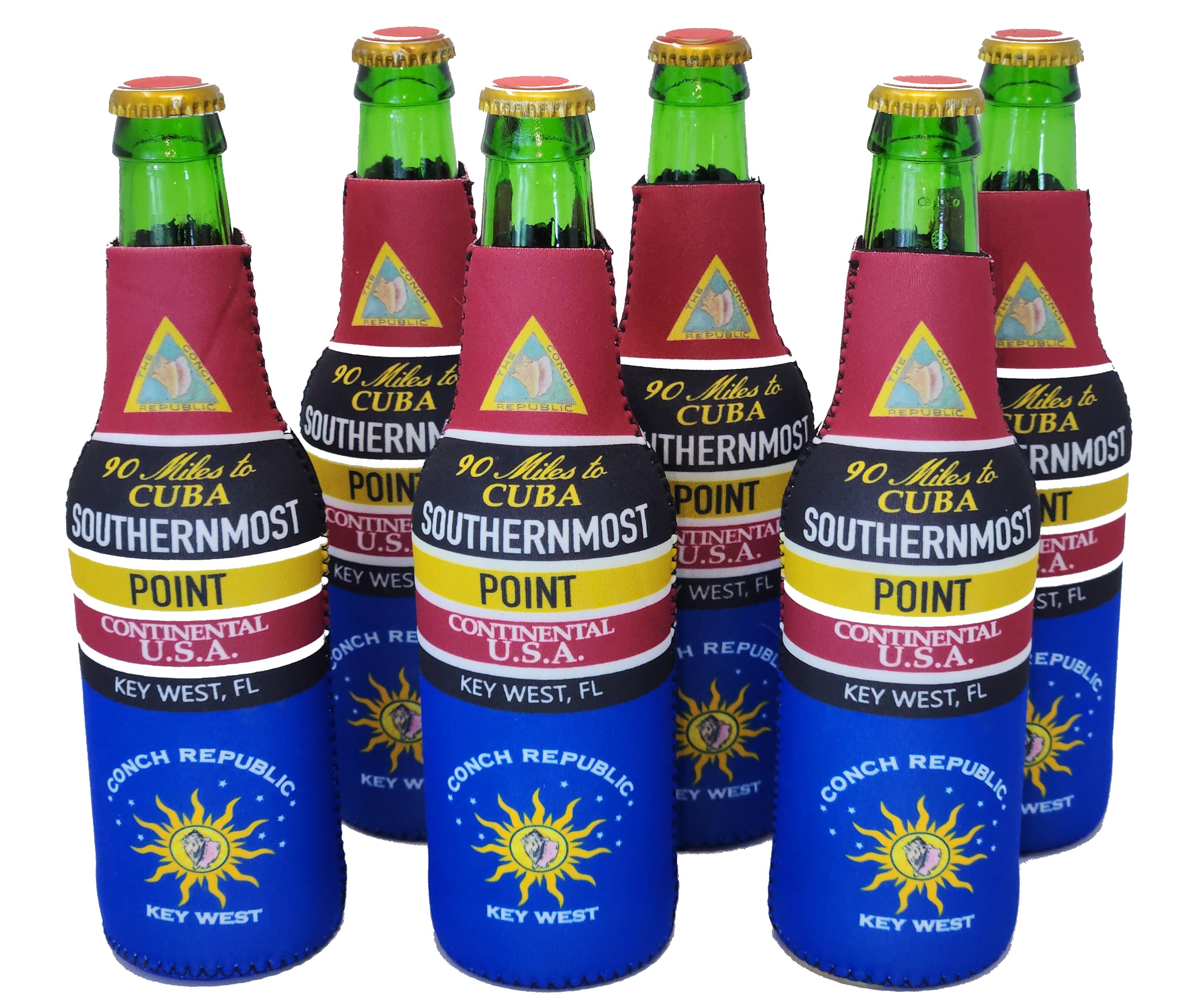 SIX 12 ounce Bottle Holder, Insulated Beverage Huggie Coolers from the Conch Republic of Key West and the Florida Keys (6 bottle coolers are included