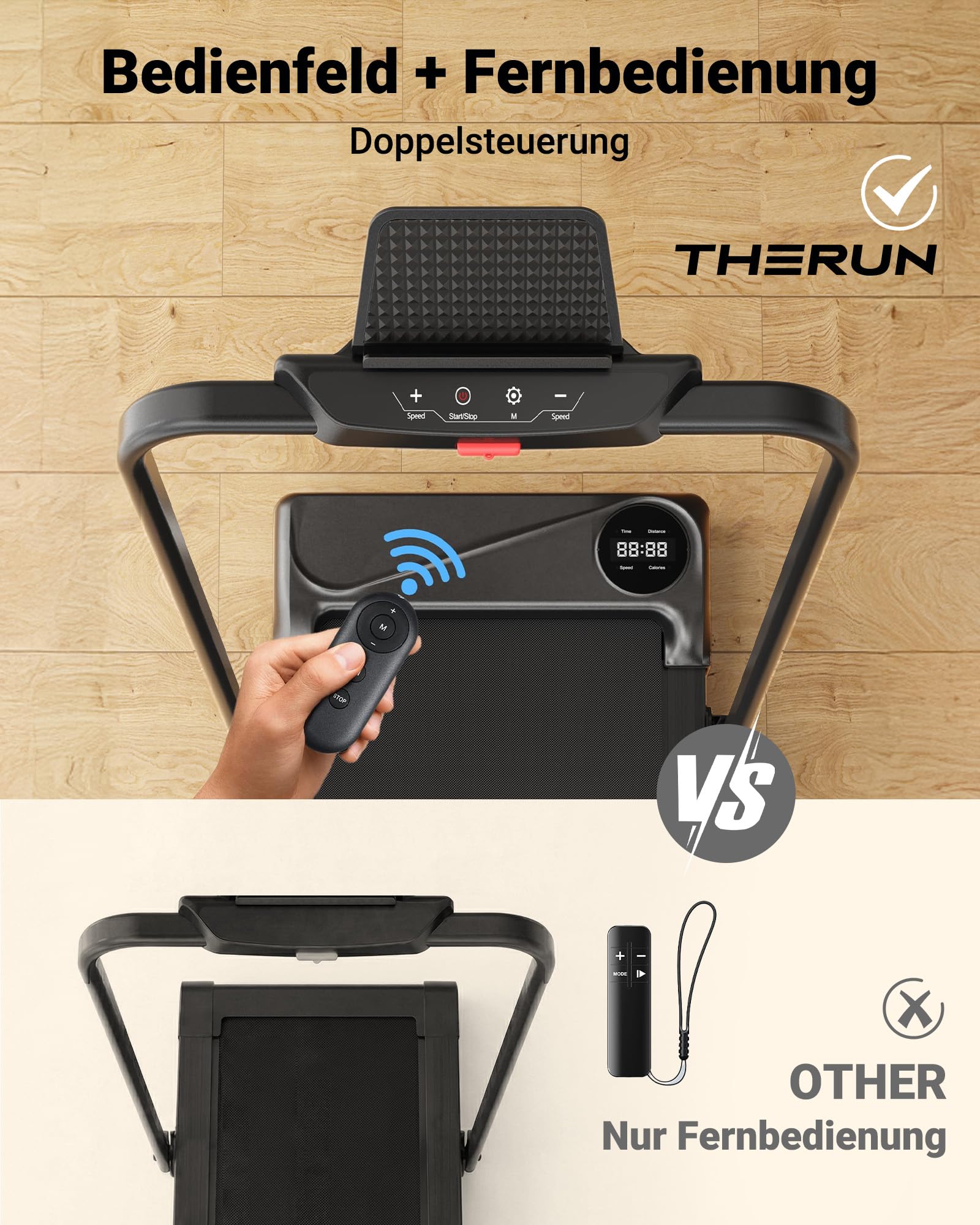 THERUN Laufband für Zuhause Klappbar, Walking Pad Leise mit Handlauf&LED-Anzeige, Treadmill bis 10 km/h,Doppelte Stoßdämpfung Laufband Schreibtisch für Zuhause&Büro, Keine Montage Erforderlich