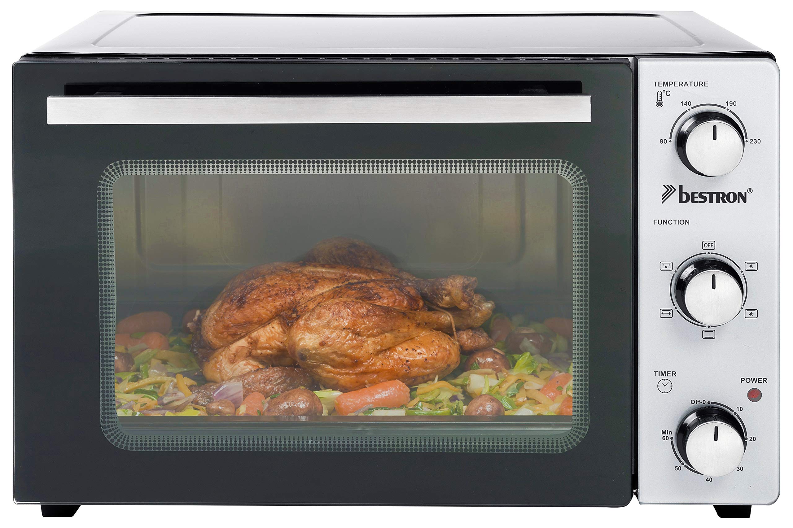 Bestron Mini Horno con Pincho Giratorio y Piedra para Pizza, 31 Litros, 1500 Vatios, Acero Inoxidable