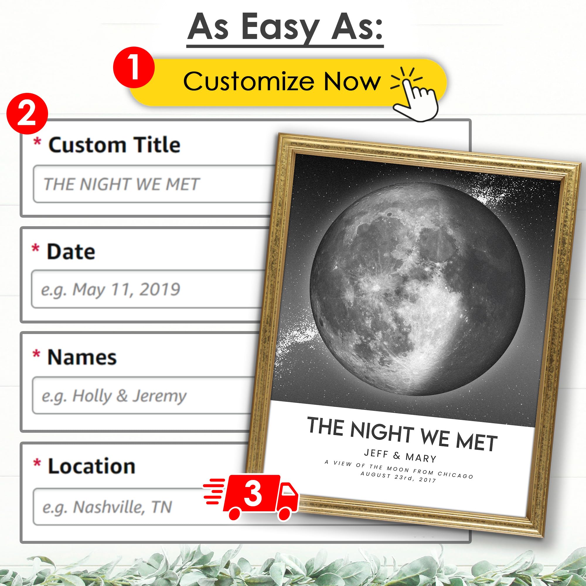 DREAM BIG PRINTABLES Custom Moon Phase Gift for Specific Date | Romantic Gifts for Her | Gifts for Husband | Personalized Night Sky | Paper Anniversary | Grey with Polaroid Border & Back Glow