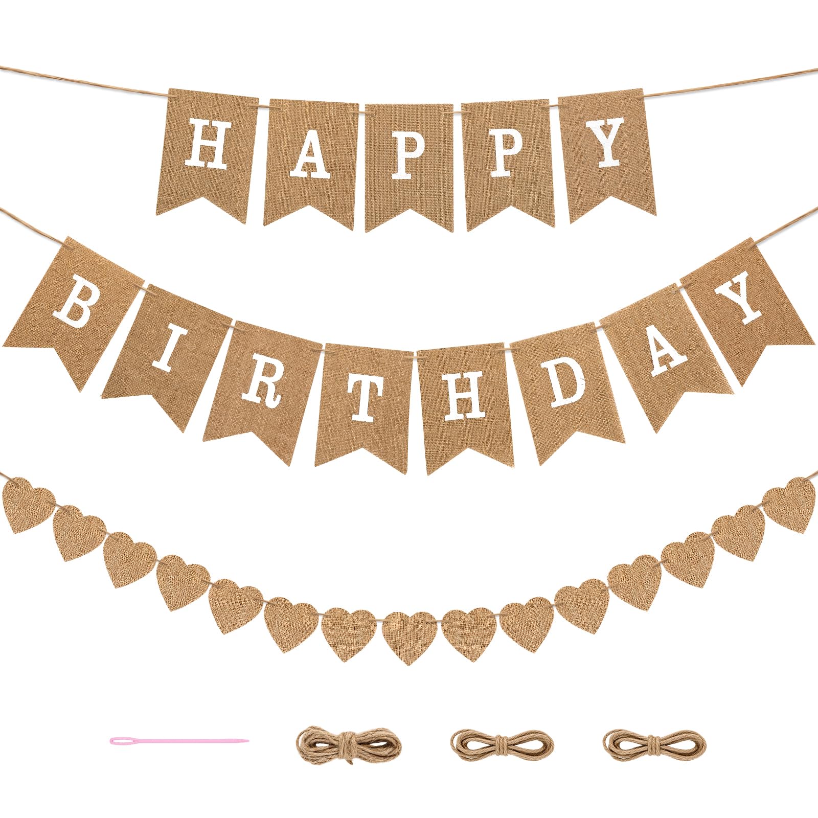 Reusable Hessian Bunting, Heart and Happy Birthday Fabric Banner Set