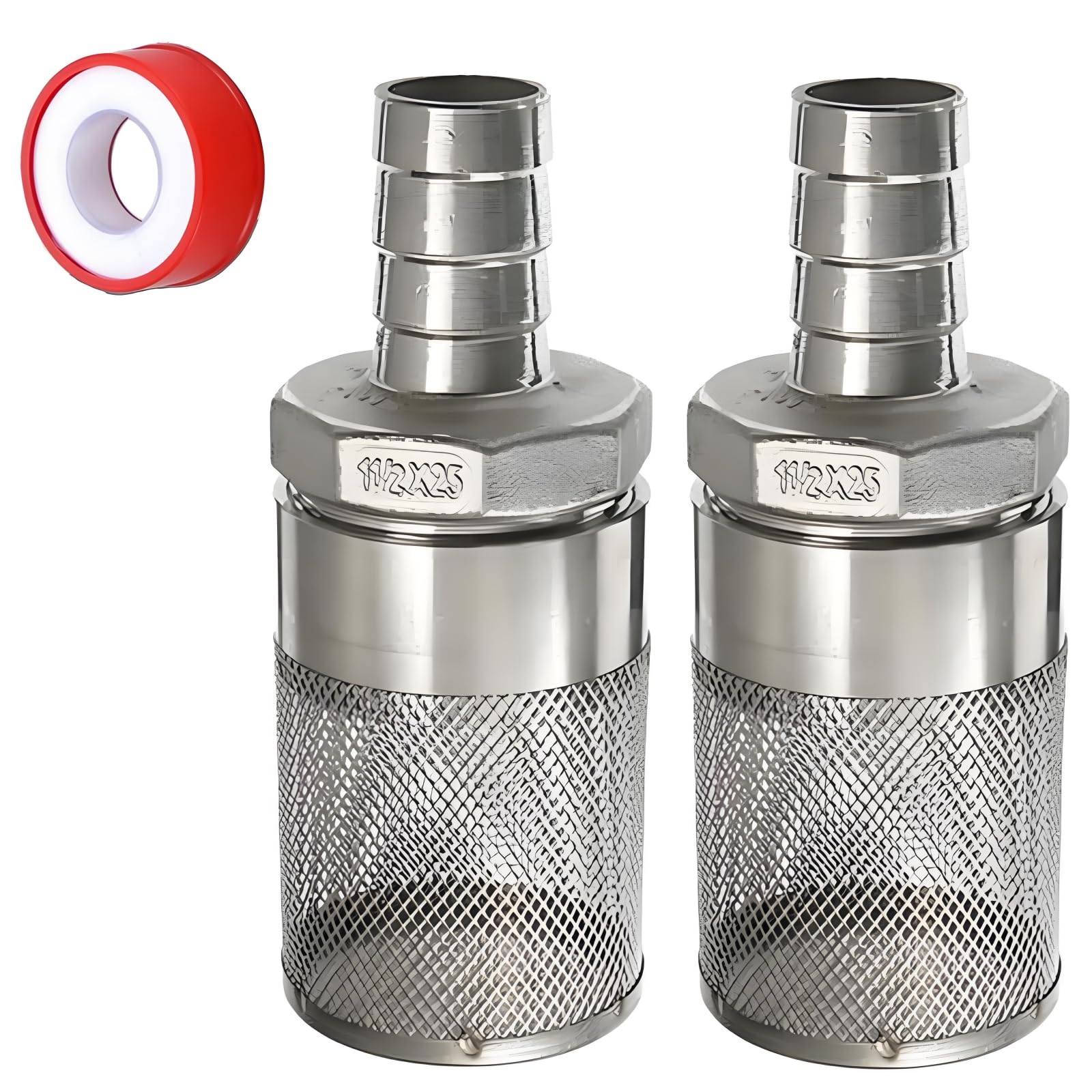 2 filtros de malla para manguera de jardín de acero inoxidable 304 G1.5 pulgadas con accesorios de manguera de púas de 25 mm, colador de succión de entrada, filtro de entrada para riego de