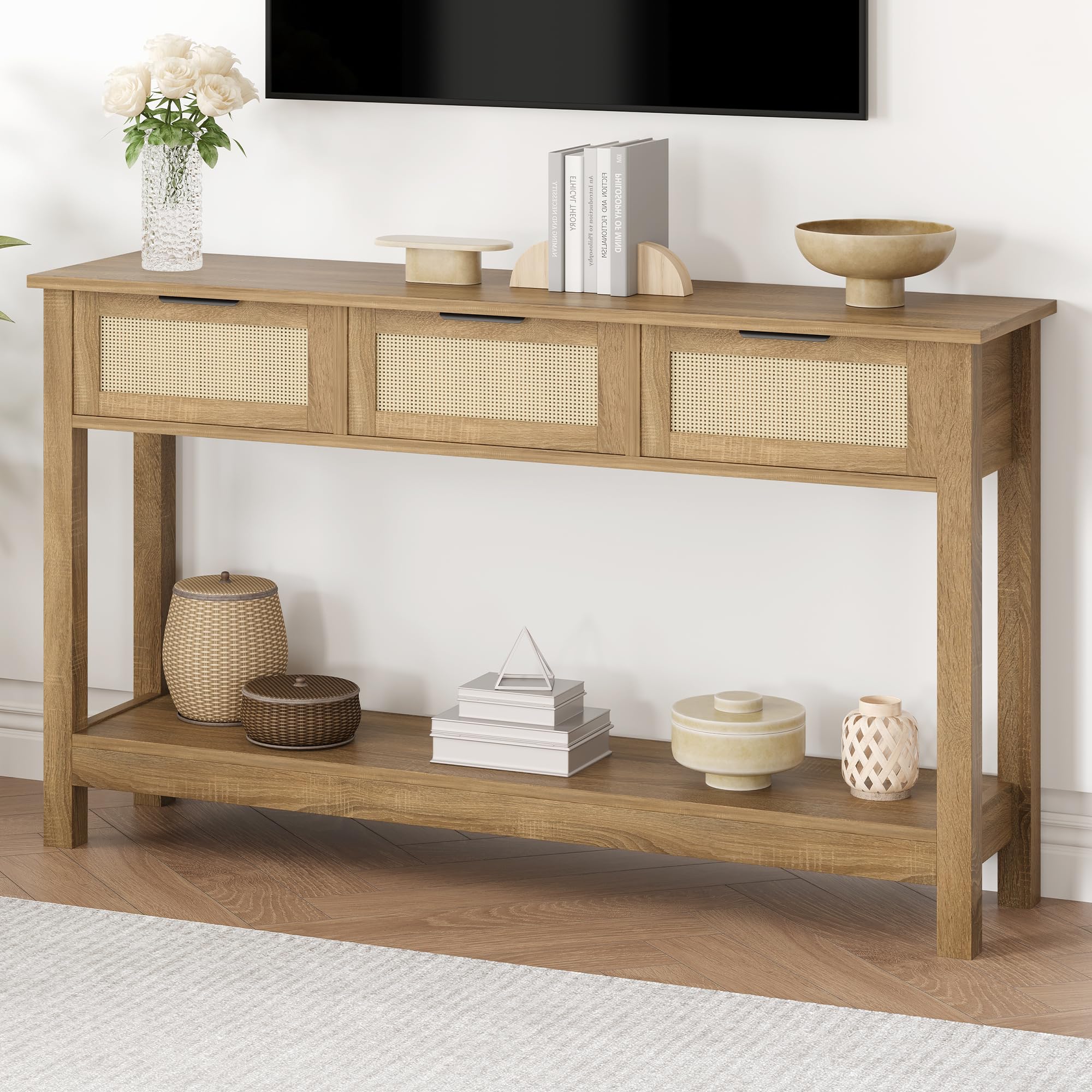 Mesa consola de ratán bohemio con 3 cajones de almacenamiento, estrecha y larga detrás del sofá, mesa para sala de estar, mesa auxiliar de entrada, pasillo, vestíbulo, natural, 47 pulgadas 6