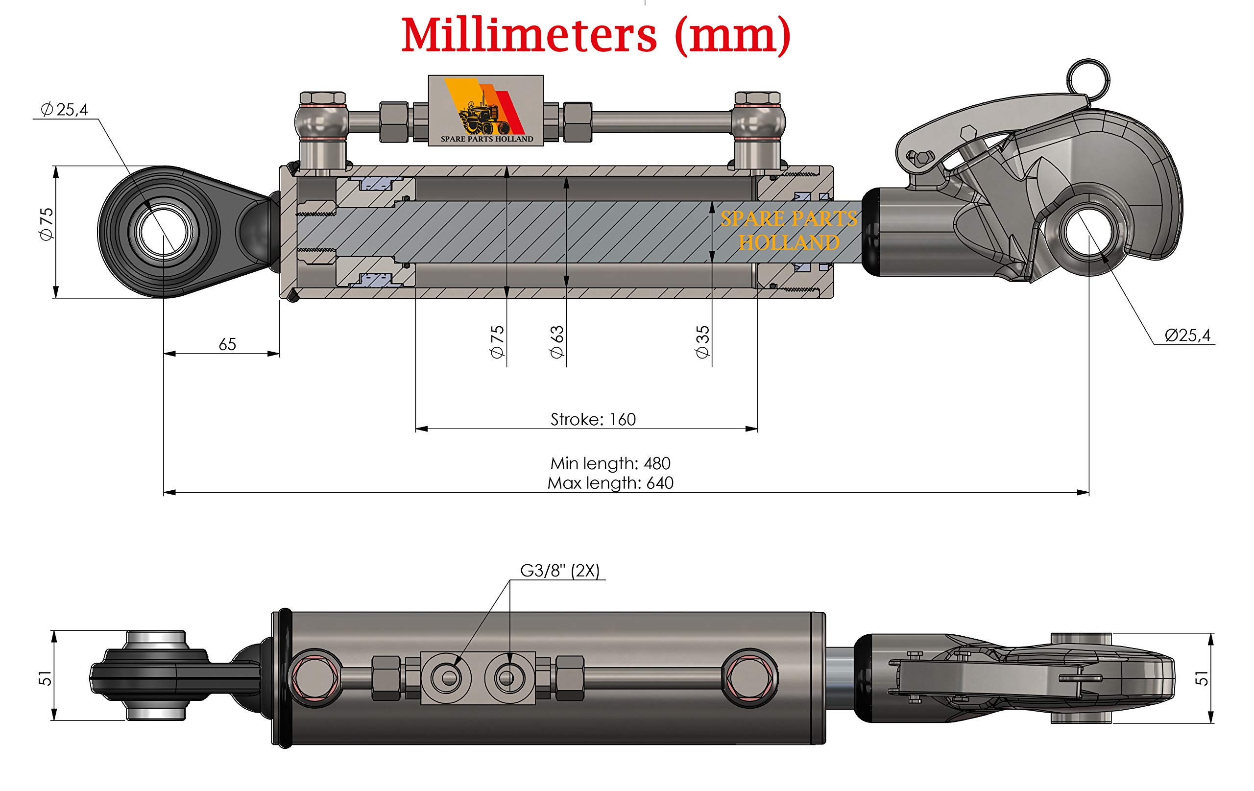 Hydraulischer Oberlenker Kat. 2 (480-640 mm) mit Fanghaken, Sperrblock und 2 Schläuchen
