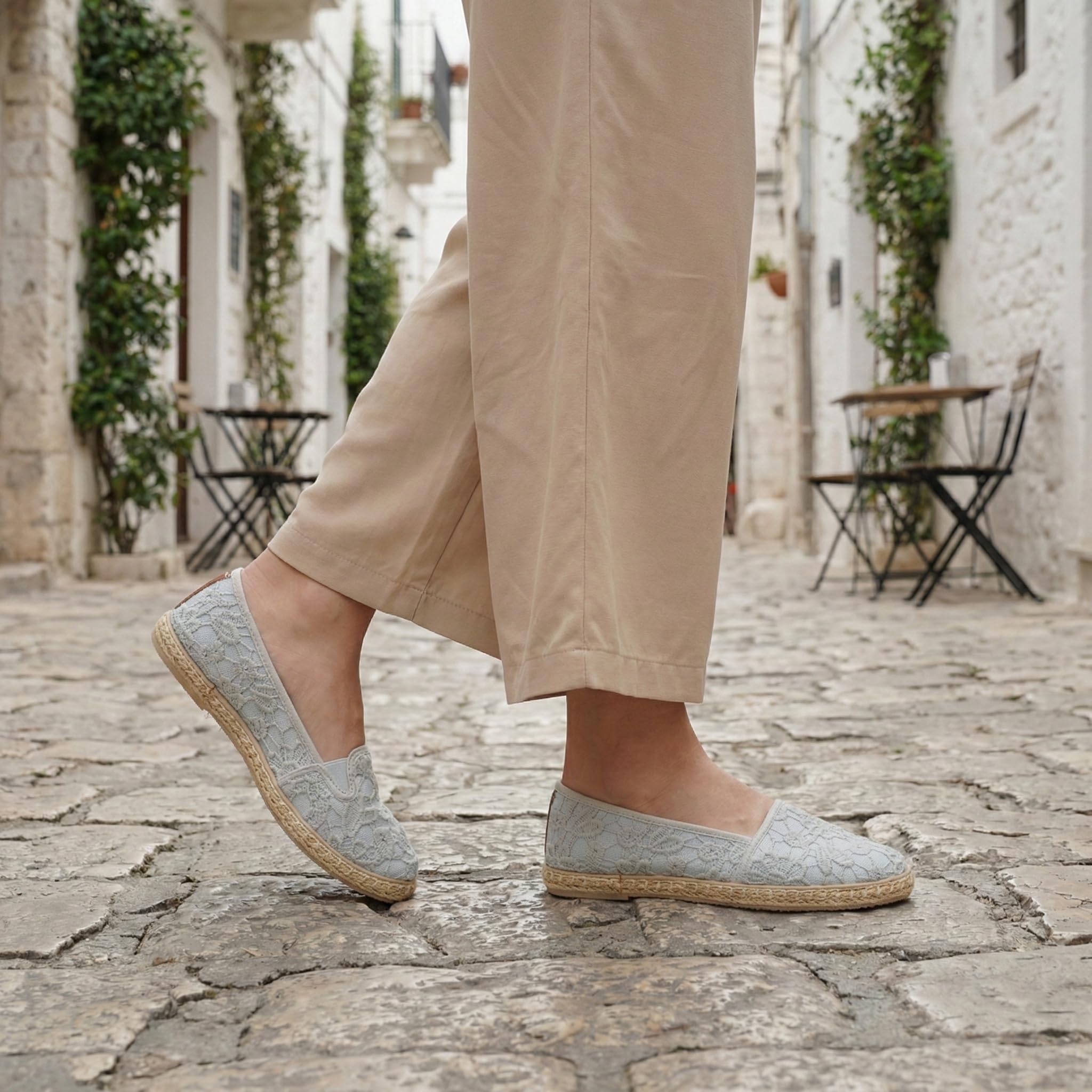 GLAMORA Alpargatas de Encaje con Suela de Esparto, Zapatos Planos Mujer Tipo Bailarinas Manoletinas Cómodas Slip On, Calzado Verano Ligero Transpirable Punta Redonda