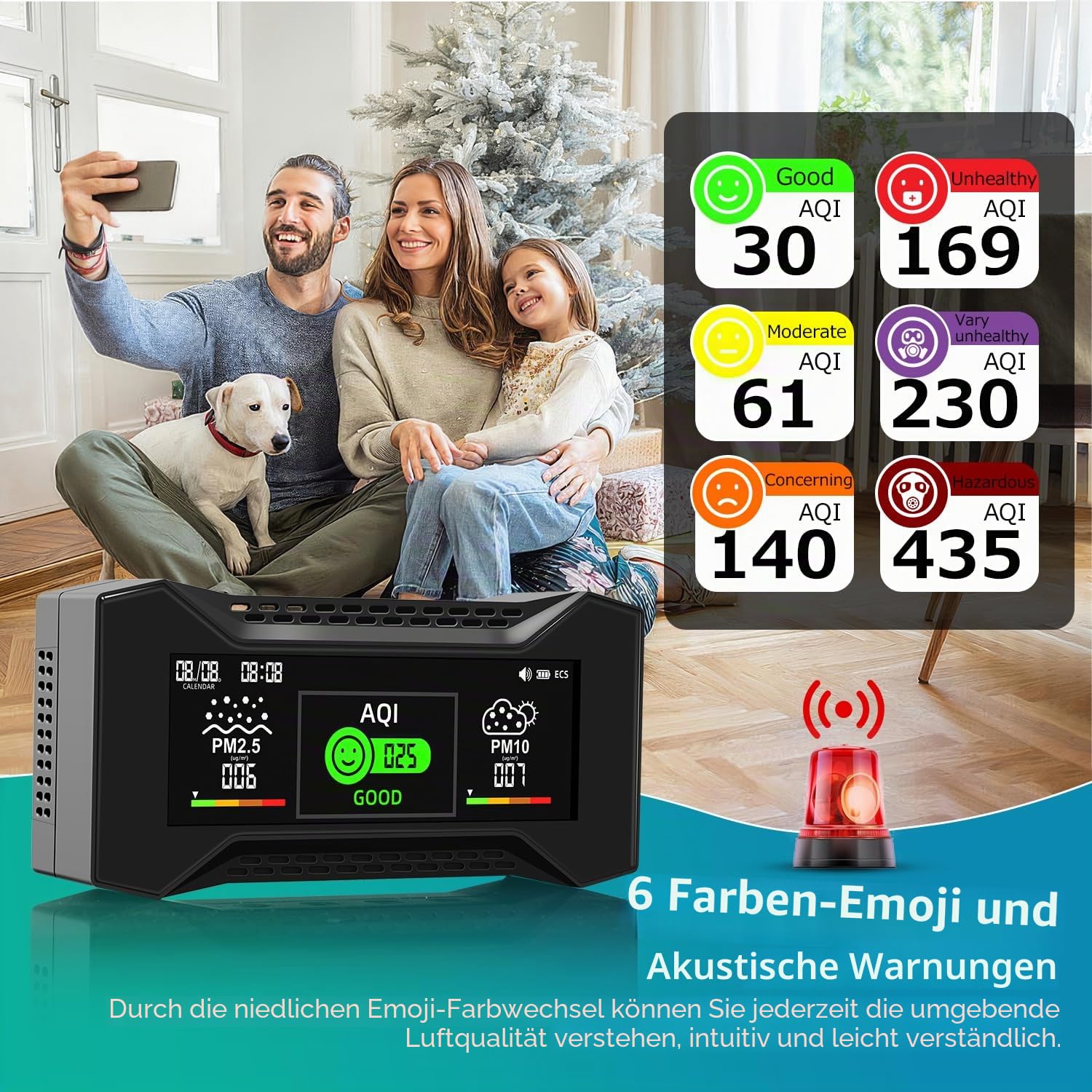 CF-20 DL Luftqualität Messgerät mit Datenbericht, CO2 messgerät Messung von CO2,TVOC, HCHO, PM2.5, PM10, AQI, Temperaturm, Luftfeuchtigkeit, Symbolbasierte visuelle Anzeige für Zuhause, Schule
