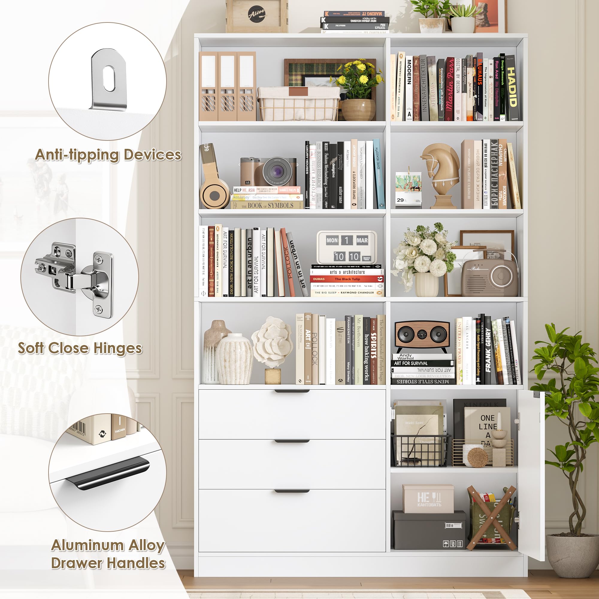 HOCSOK Librería de 180,5 cm de altura, color blanco, con 3 cajones, estantería con puertas, estantería para libros o salones, para estudio, oficina, dormitorio, 28,5 x 103 x 180,5 cm
