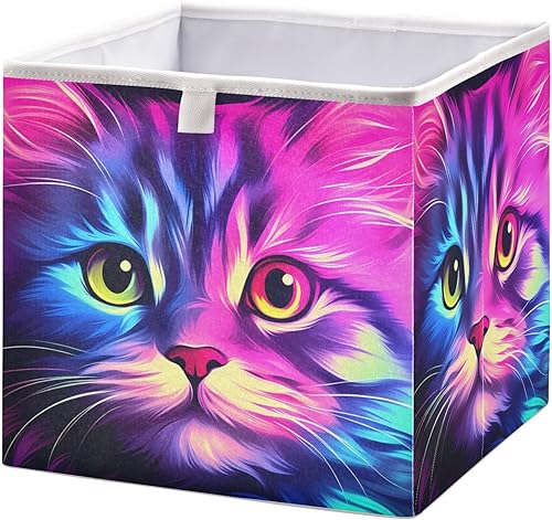 Vnurnrn Cubo de almacenamiento plegable con impresión de gato morado brillante, cestas organizadoras con tablero de soporte para armario de estante