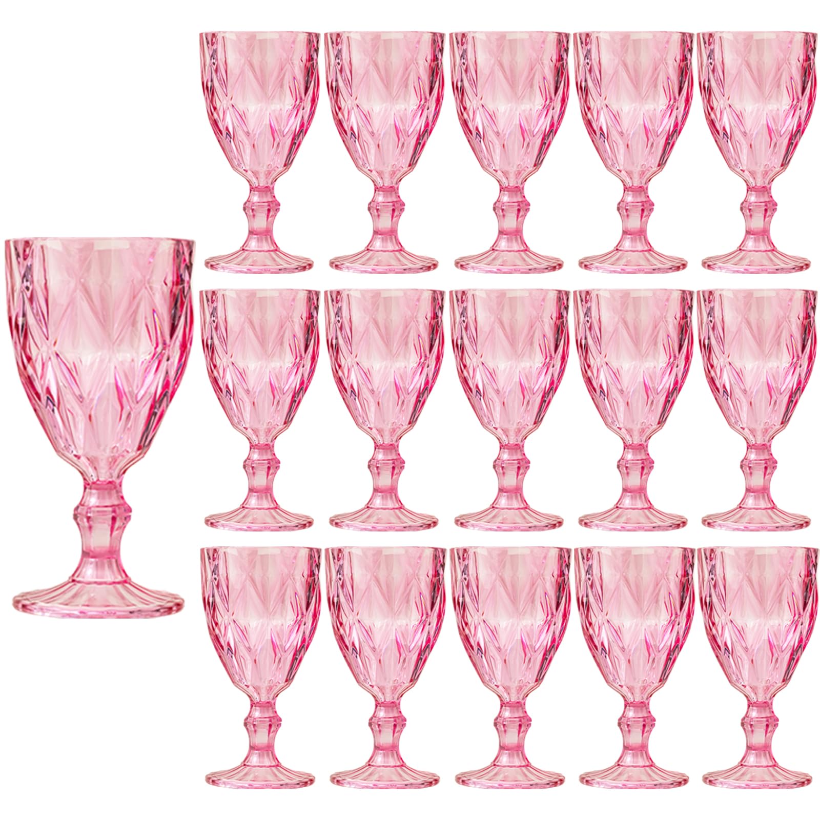 16 Pack Vintage Wine Glasses, Plastic Reusable 12 Ounce Colored Water Goblets, Unique Embossed Pattern Unbreakable Stemmed Wine Glasses, High Clear