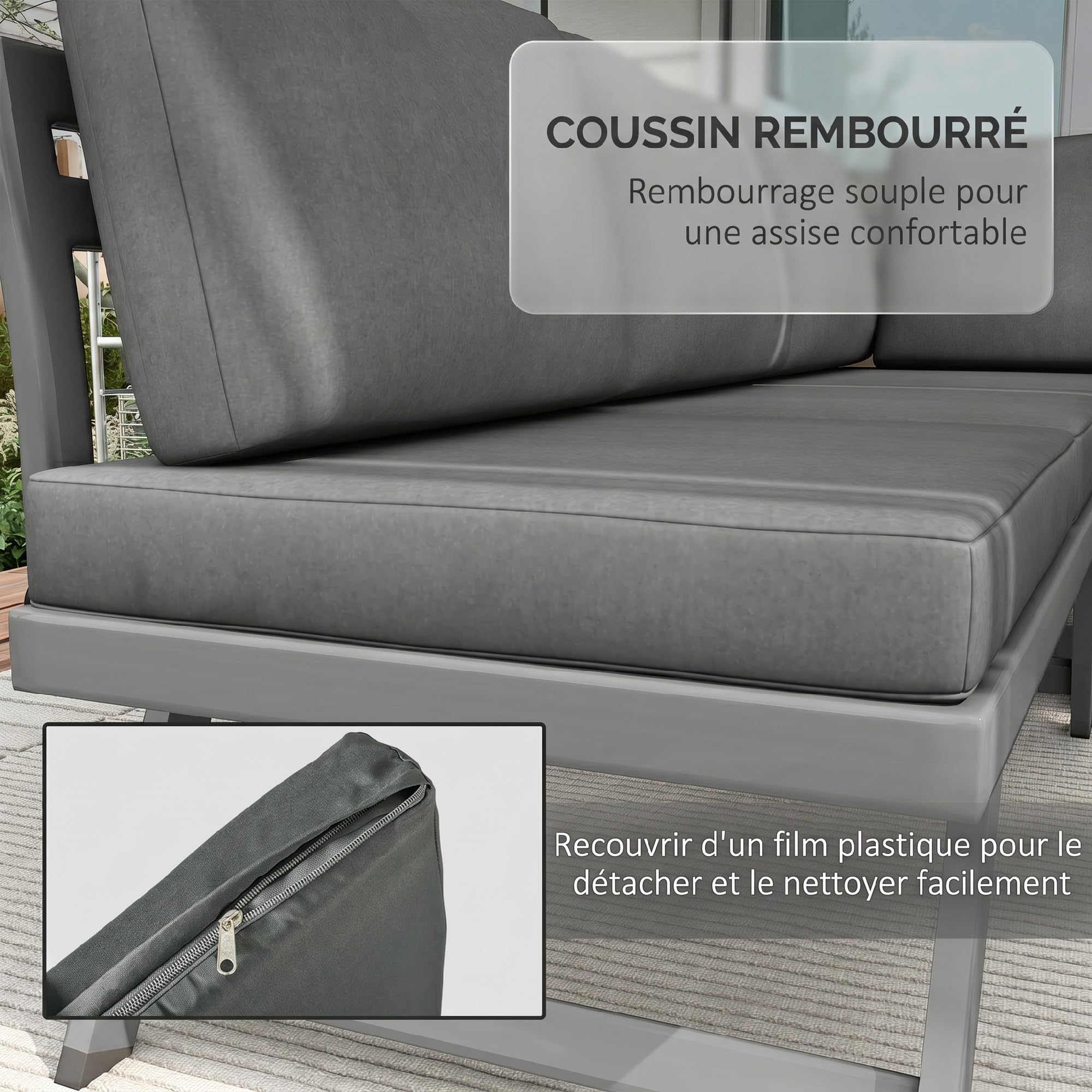 Outsunny Salon de Jardin Extérieur d'angle Convertible 4 Pièces Gris | 2 Banquettes, 1 Fauteuil, 1 Table Basse, Mobilier Aluminium et Acier, Terrasse Balcon