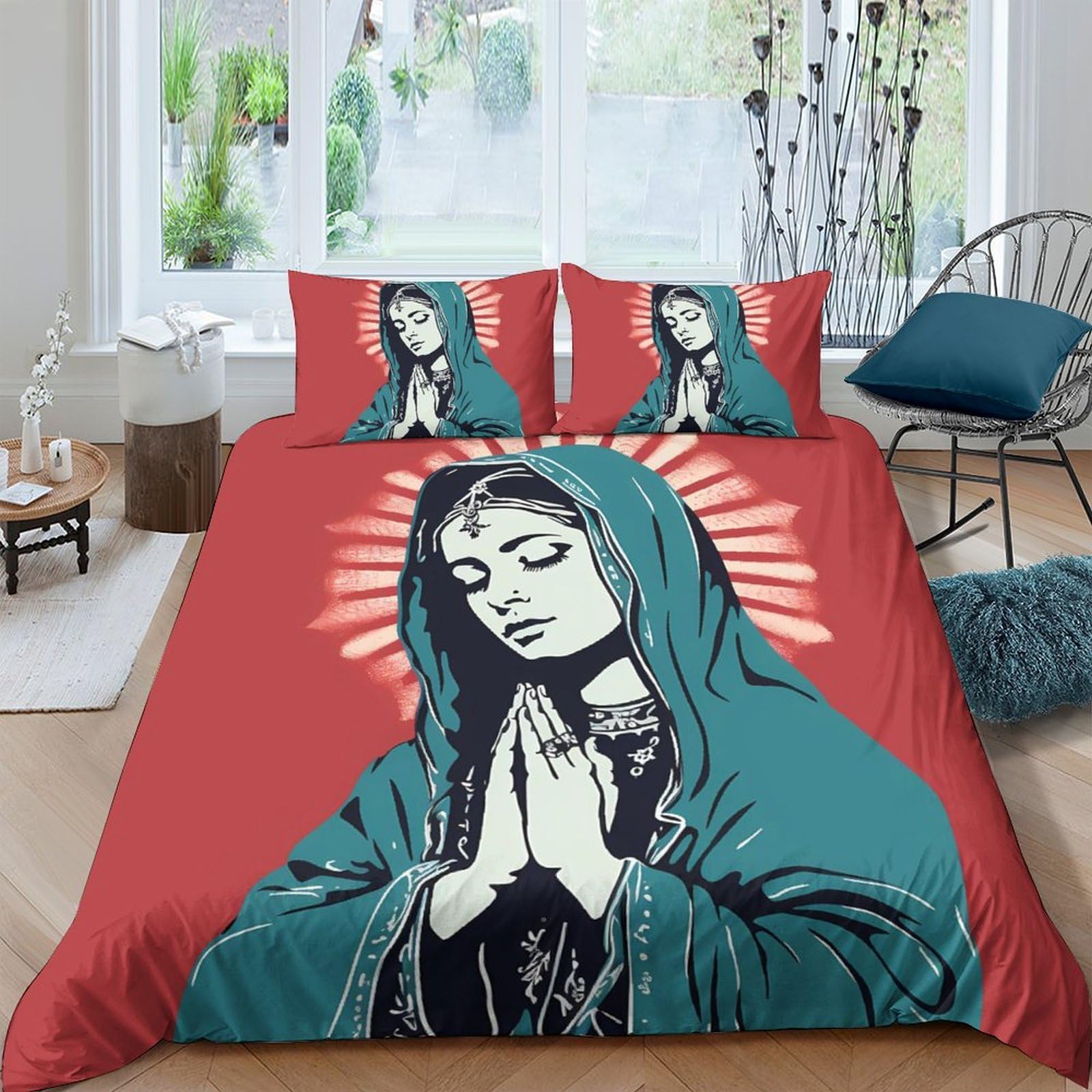 Ctjqhvkz Style-5 3D Printed Virgin Mary Fitted Sheet Microfiber Soft Red Blue Religious Art Mattress Cover Bedroom Dorm Decor Single（135X200cm）