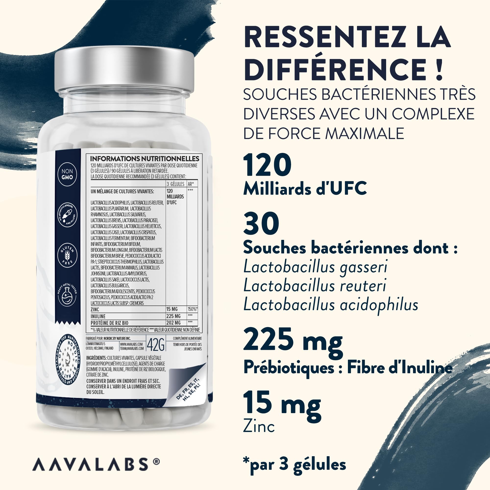Probiotique Flore Intestinale 120MilliardsUFC 30Souches [Lactobacillus Gasseri Lactobacillus Rhamnosus]+ Zinc Ferments Lactiques Probiotiques Flore Intestinale et Prébiotique (Inuline) - 90 Gélules