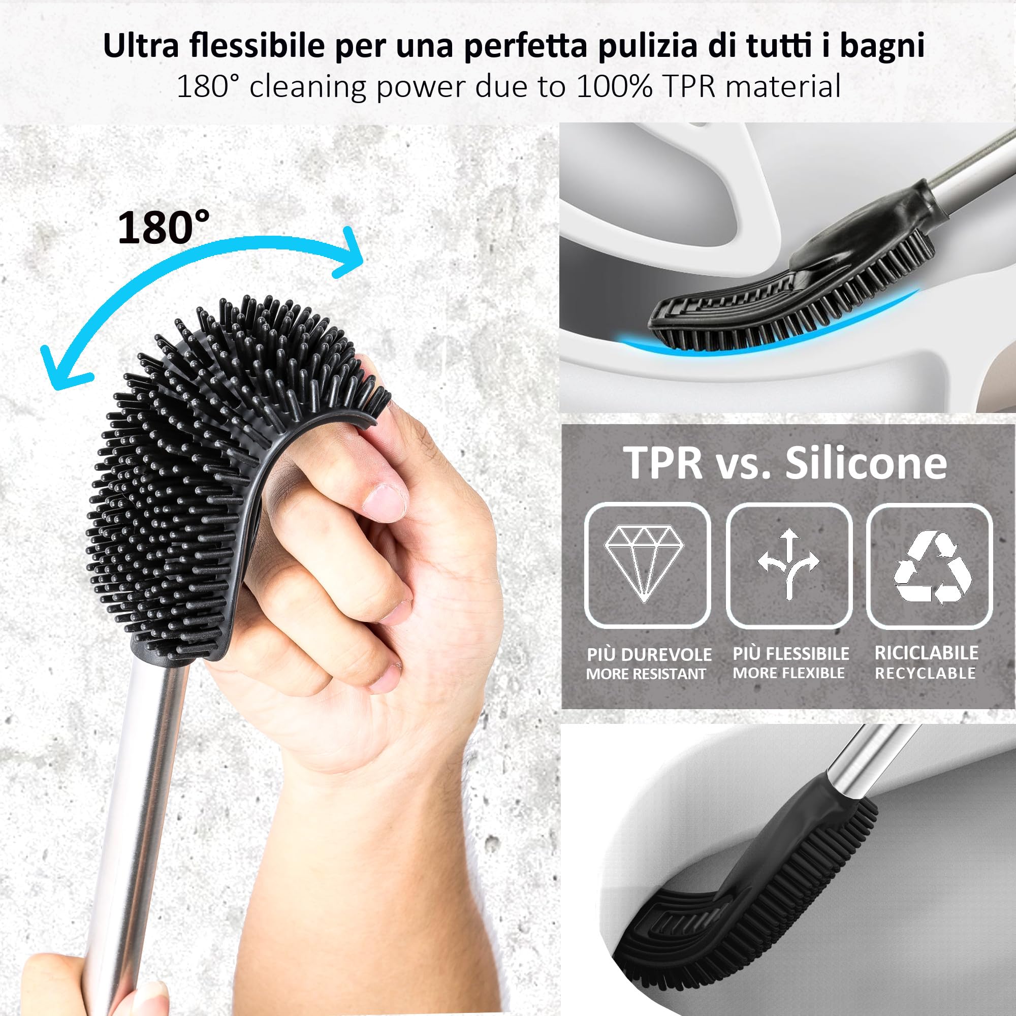 Scopino WC 3 In 1 In Silicone - Con Portascopino, Raschietto E Supporto A Parete, Nero, Igienico - Foto 7
