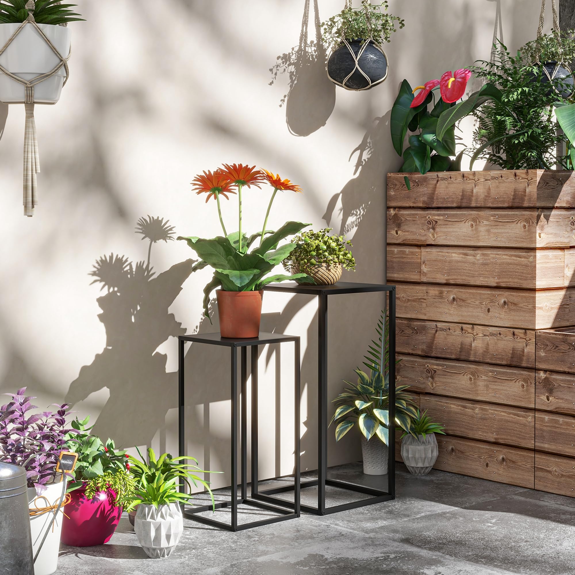 Outsunny Lot de 2 supports pot de fleurs supports pour plantes encastrables structure en acier 2 hauteurs différentes 58,5 et 65 cm design scandinave noir