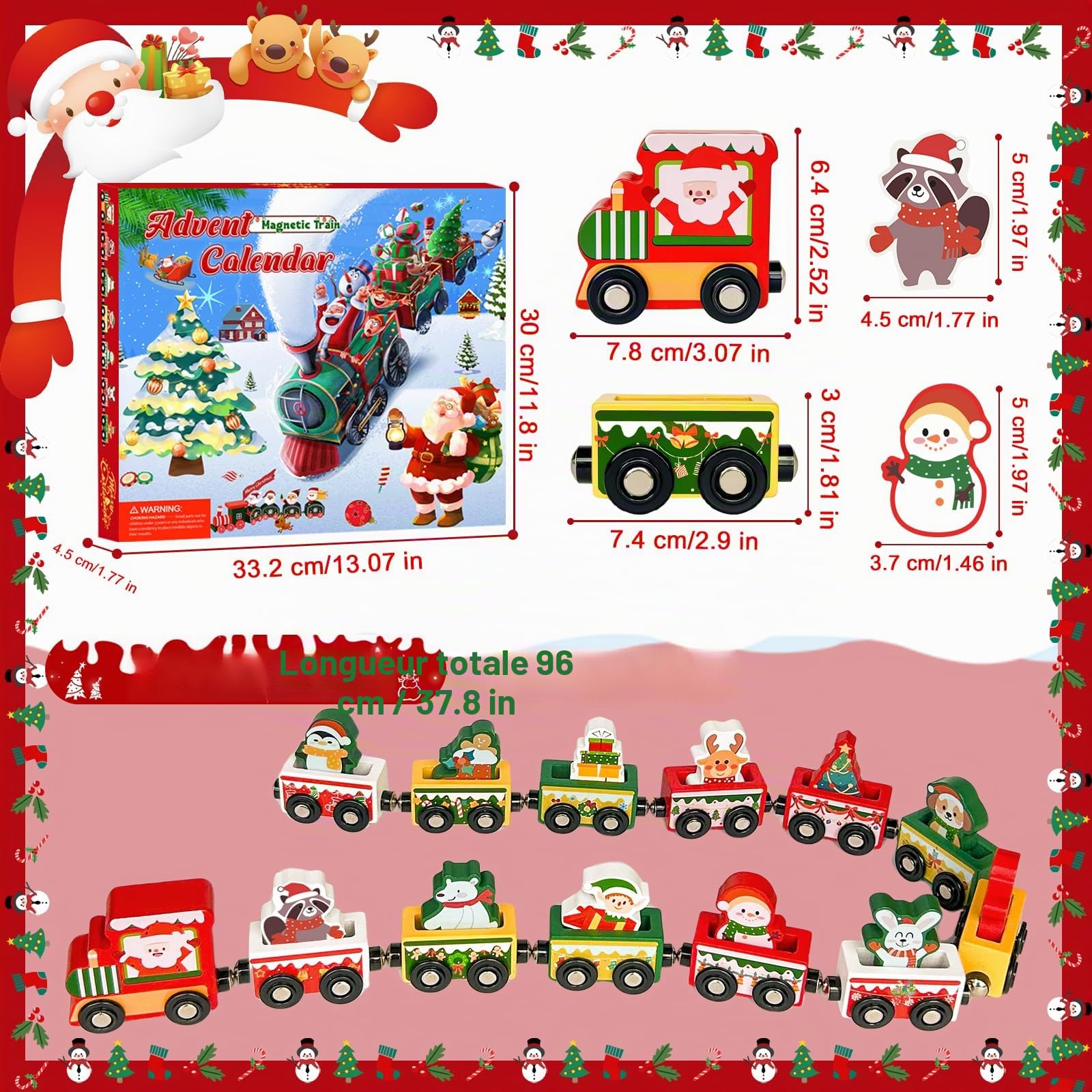 Calendrier de l'Avent 2025 Train de Noël, chemin de fer en bois magnétique, cadeau de compte à rebours de Noël de 24 jours pour enfants, jouet de calendrier de l'Avent festif pour garçons et filles