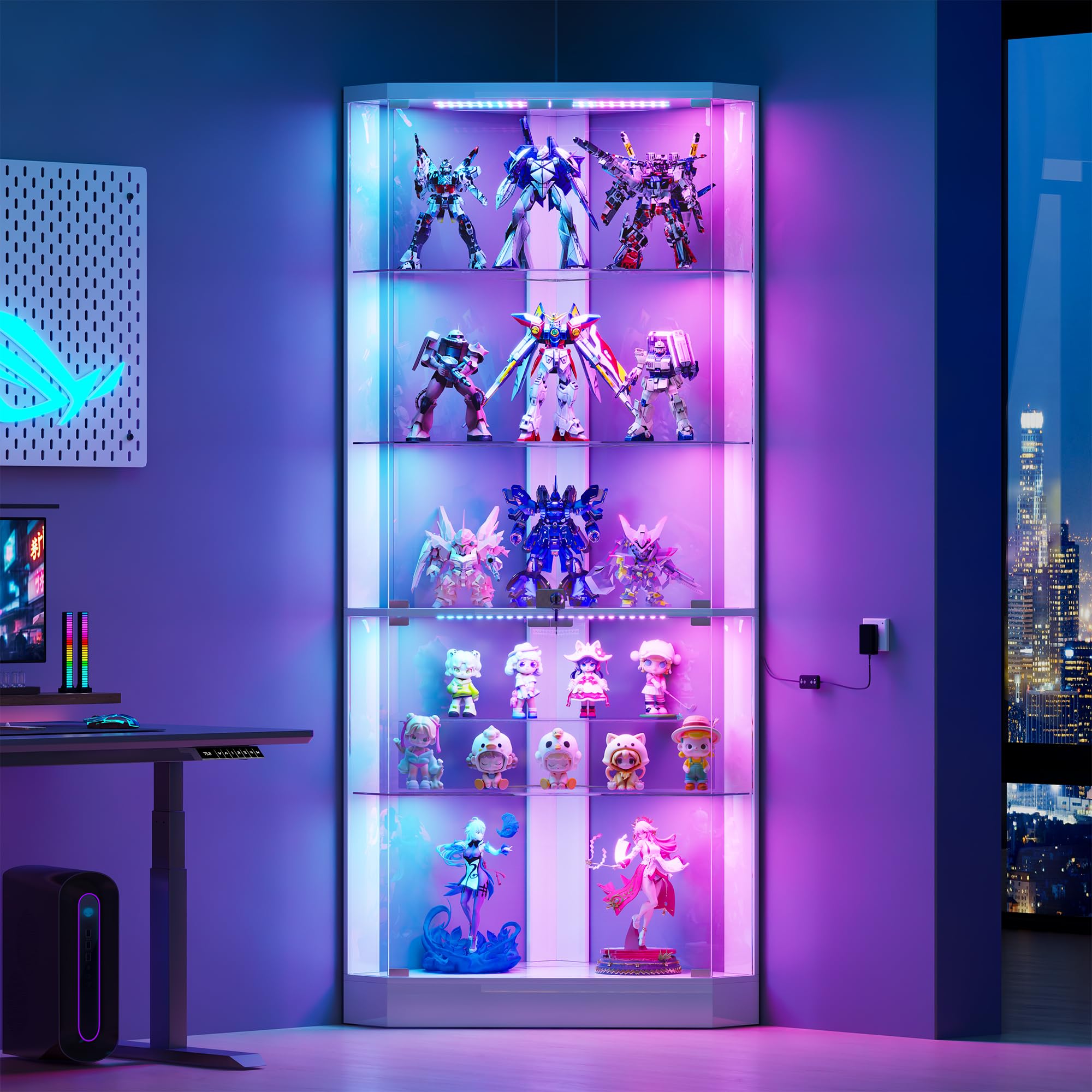 175 CM Vitrina de Esquina - con RGB Color de Luces y Sensor de Movimiento para Estar,Vitrina de Cristal con 3 Estantes Ajustables&5 Capas para Salón,Expositora para Coleccionista,Blanco