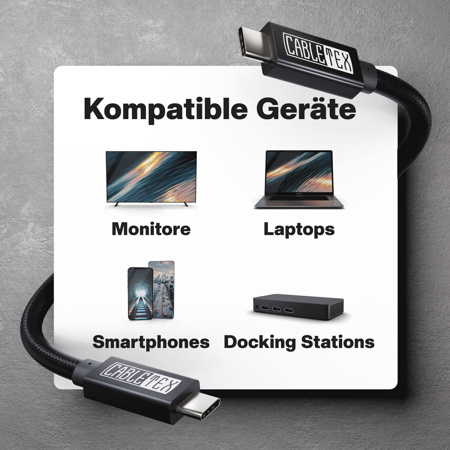 CABLETEX 2m USB C Monitorkabel zu Typ-C 3.2 Gen 2, 100W Power Delivery, 10GBit/s, für Thunderbolt 3 Bildschirme/Displays, Laden, Video- und Audioübertragung - Schwarz (Packung mit 2)