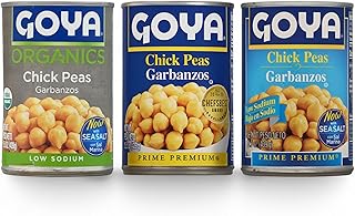 Goya Chickpea Trio, Garbanzo Beans Regular, Low Sodium and Organic + Low Sodium, Canned Chickpeas, Pantry Bundle for Hummus, Salads & Soups, 15.5 oz Each