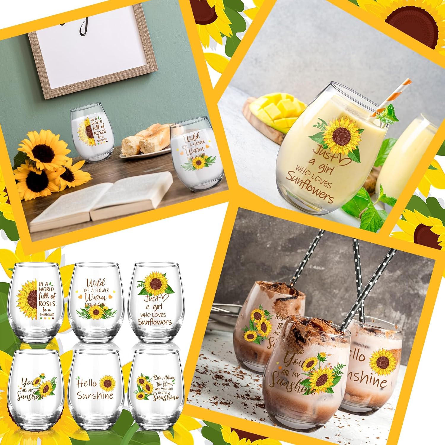 6 Pcs Sunflower Tumbler 15oz Wine Glasses Sunflower Gifts for Women You Are My Sunshine Whiskey Cups for Mother's Day Summer Spring Birthday Party Supplies Mom Gift