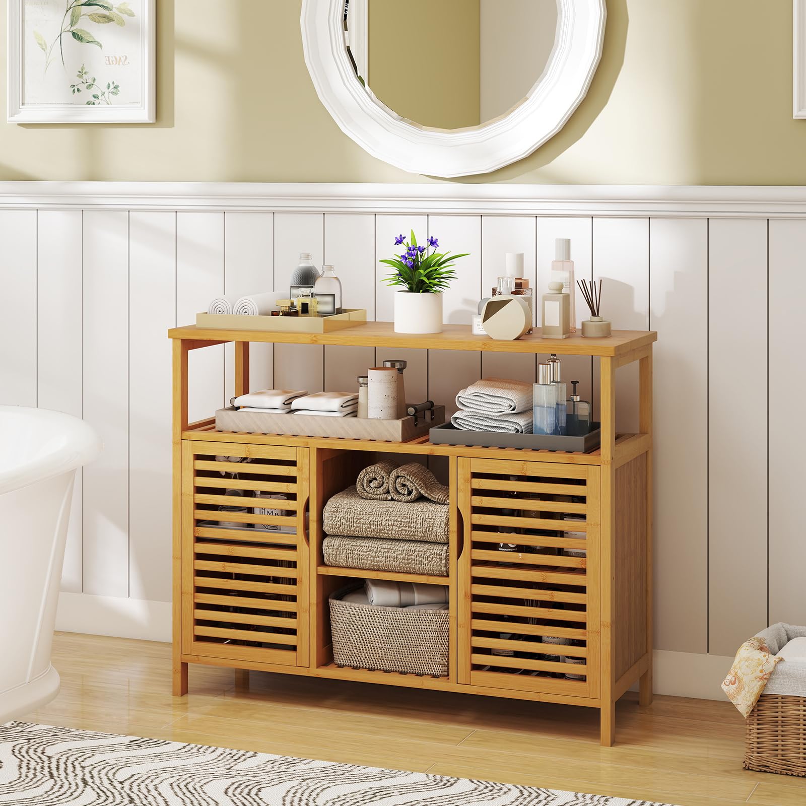 Giantex Armoire De Salle De Bain En Bambou, Organisateur De Rangement Avec Portes Persiennes Doubles, Armoire Autoportante Pour Entrée, Cuisine