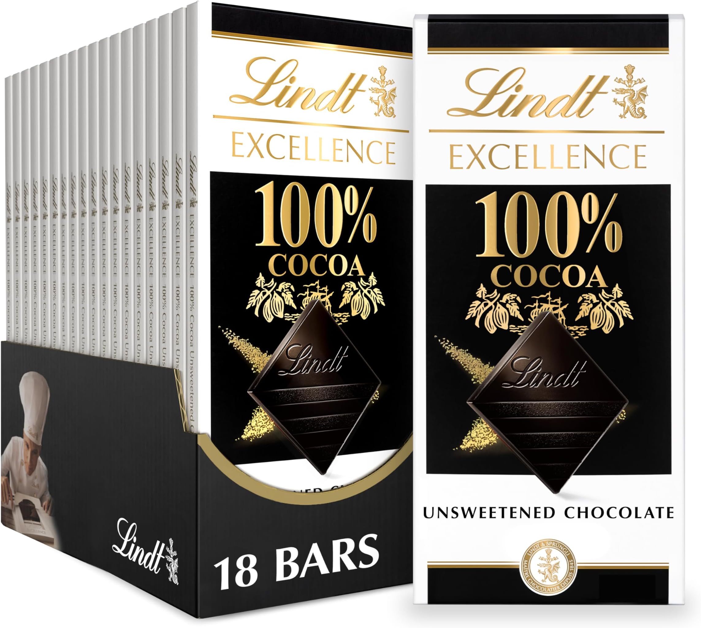 EXCELLENCE 100% Cocoa Dark Chocolate Bar, Dark Chocolate Candy, 1.7 oz. (18 Pack)
