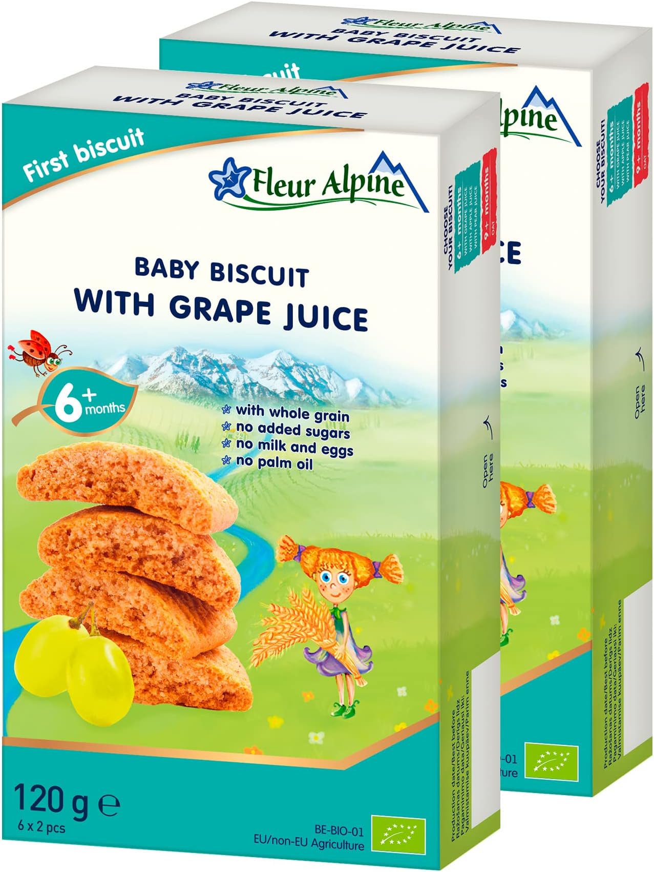 Fleur Alpine Baby Biscuits with Grape Juice - 12x2 Yummy Organic Baby Snacks for Delicious Smooth Breakfast Porridge Or Daytime Snack | Easy Whole Grain Snack Biscuits with No Added Sugar | 6 Mths