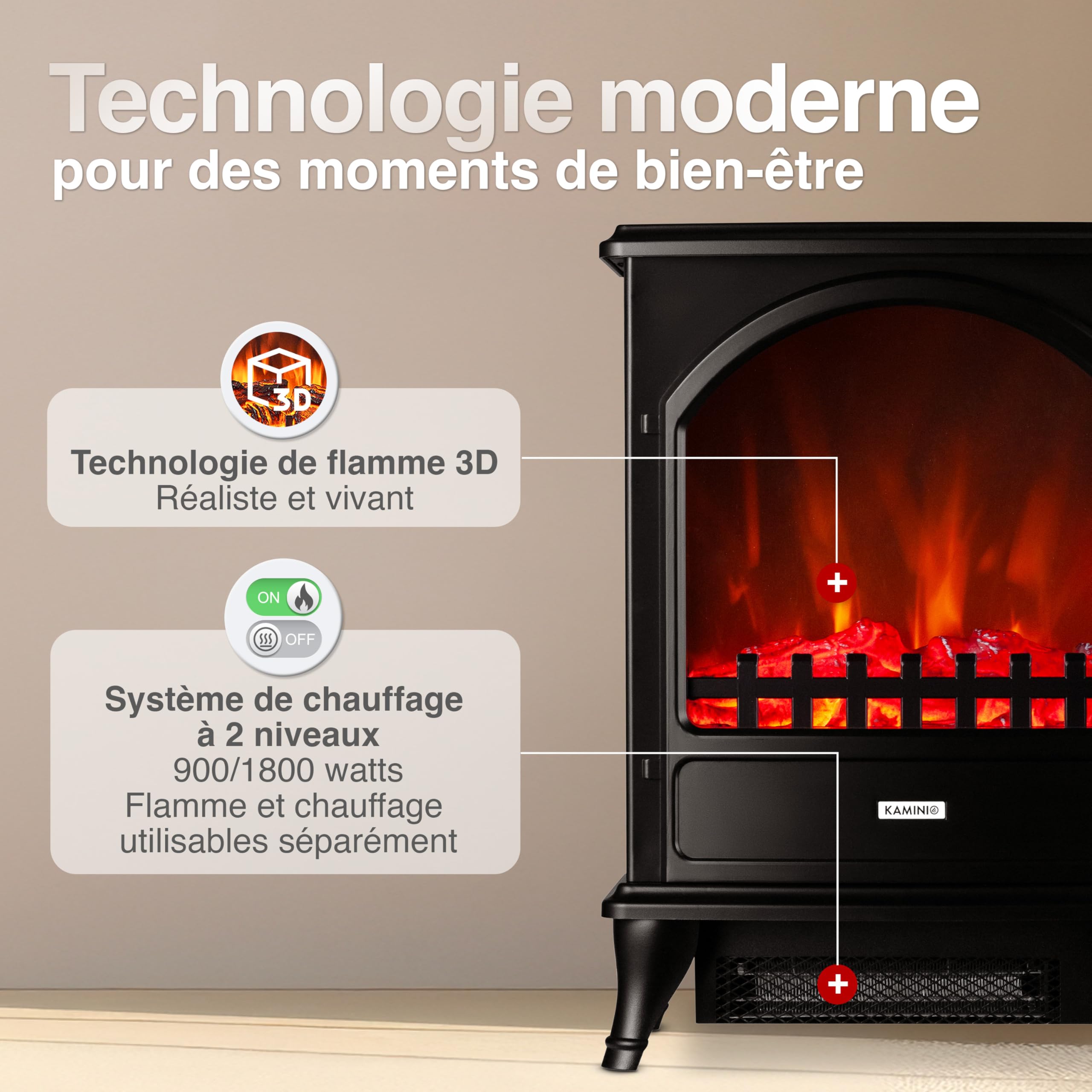 KAMINIO Cheminée électrique Leni - Poêle électrique avec Chauffage, Effet de Flamme 3D (Noir)