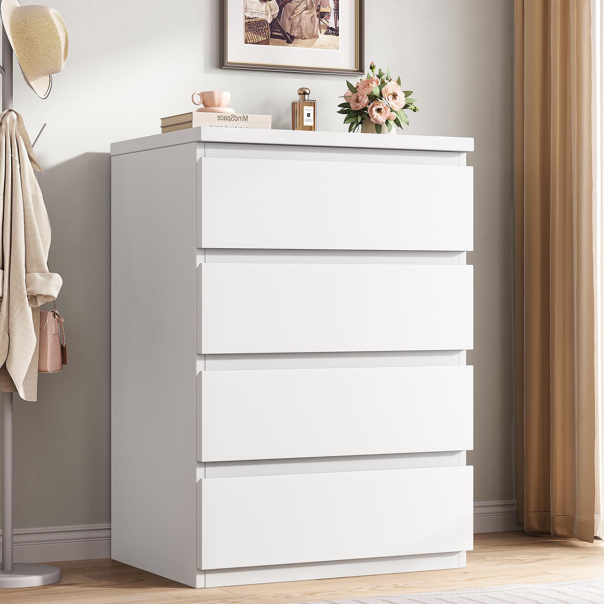 Jocoevol 4 Drawer Dresser for Bedroom, White Dresser Chest of Drawers - Large Wood Dressers TV Stand with Deep Drawers Dressers for Living Room, Hallway, Entryway