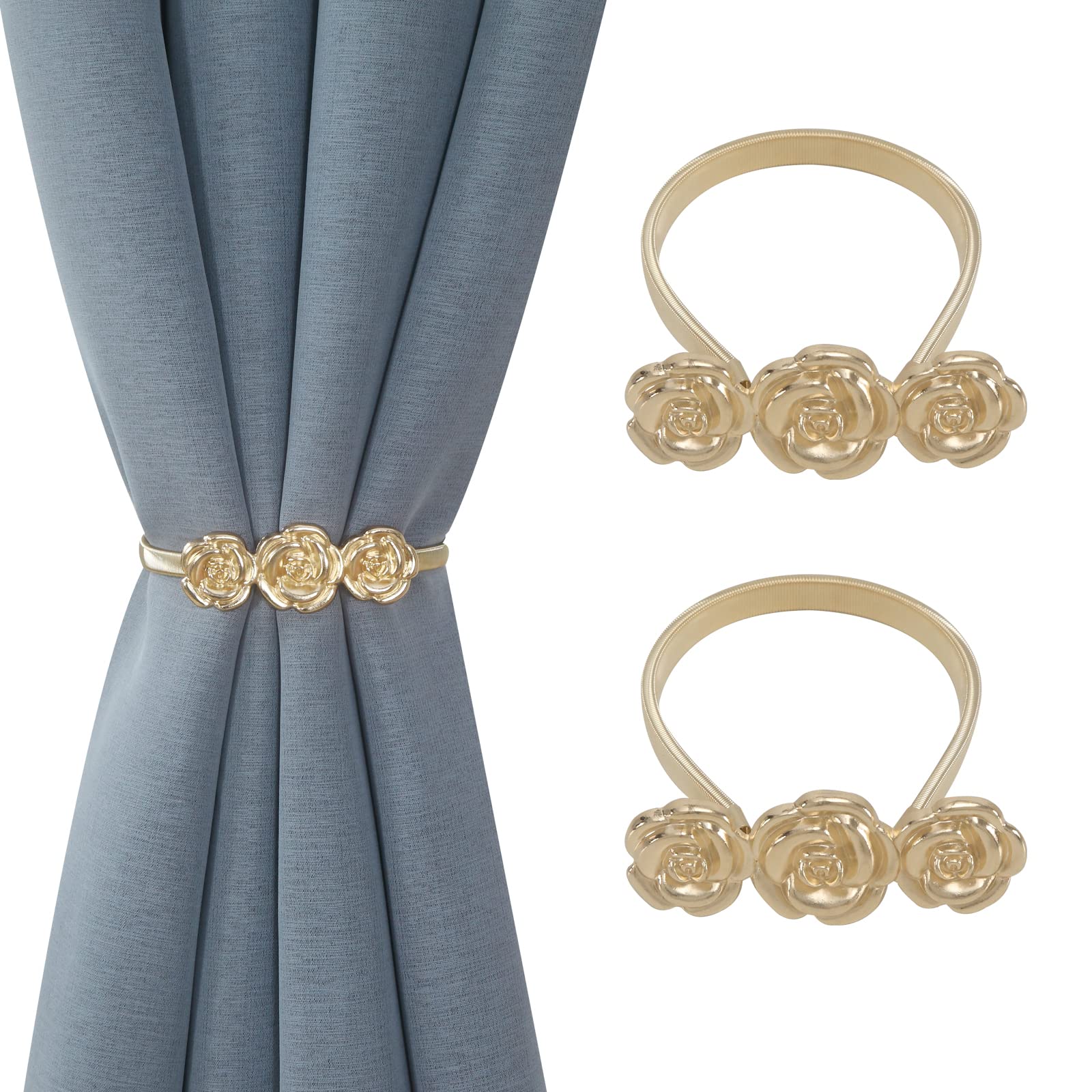 DearL%k 2Pcs Flower Metal Curtain Tiebacks Spring Design Decorative Drape Holdbacks for Window Drapery (Gold) ( Not Magnetic )