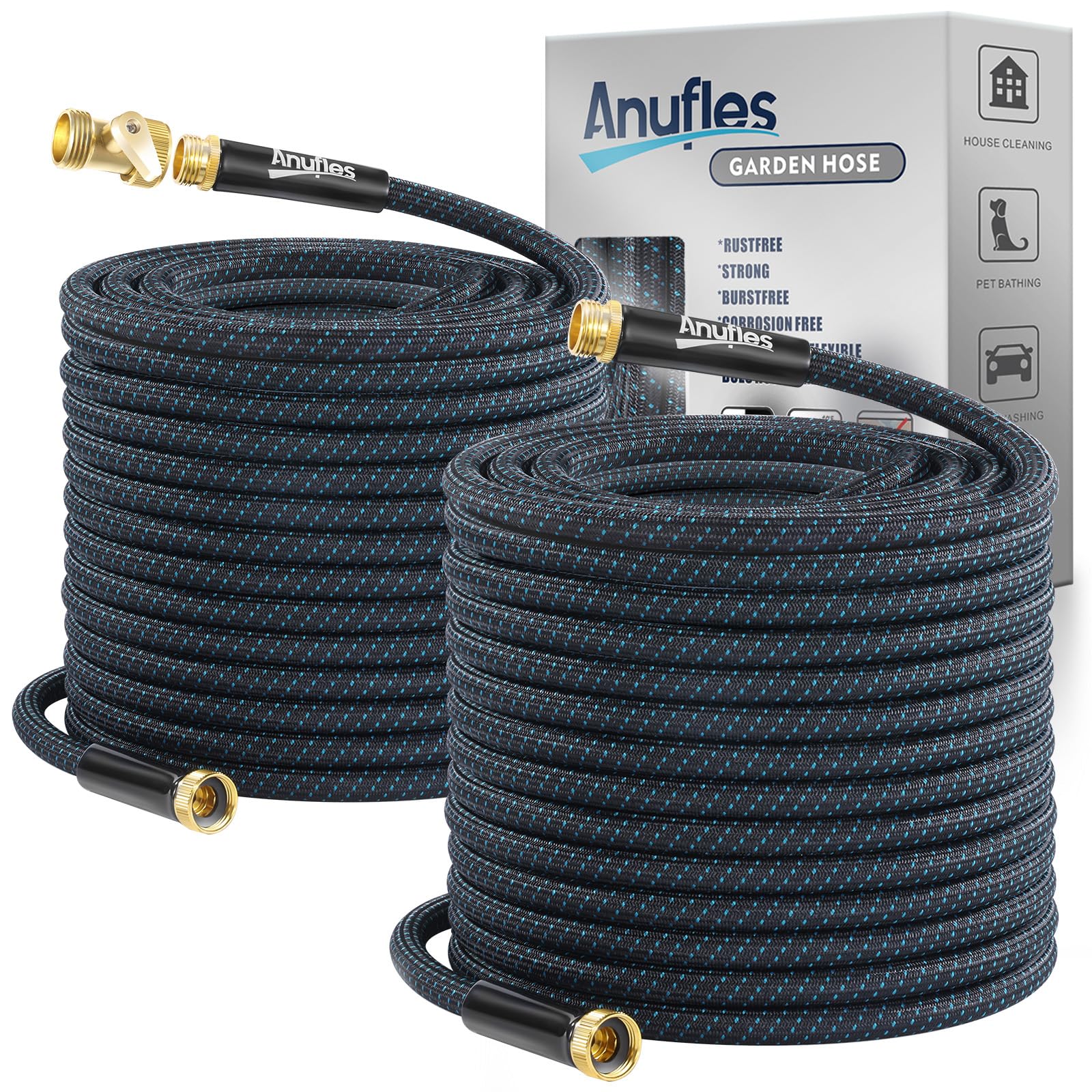 Anufles Garden Hose 100FT, Lightweight 3-Layer PVC Flexible Water Hose, No Kink, Leak-Resistant, High-Pressure with Metal Fittings, Durable for Outdoor, Gardening, Washing Cars, Easy to Store (50FTx2)