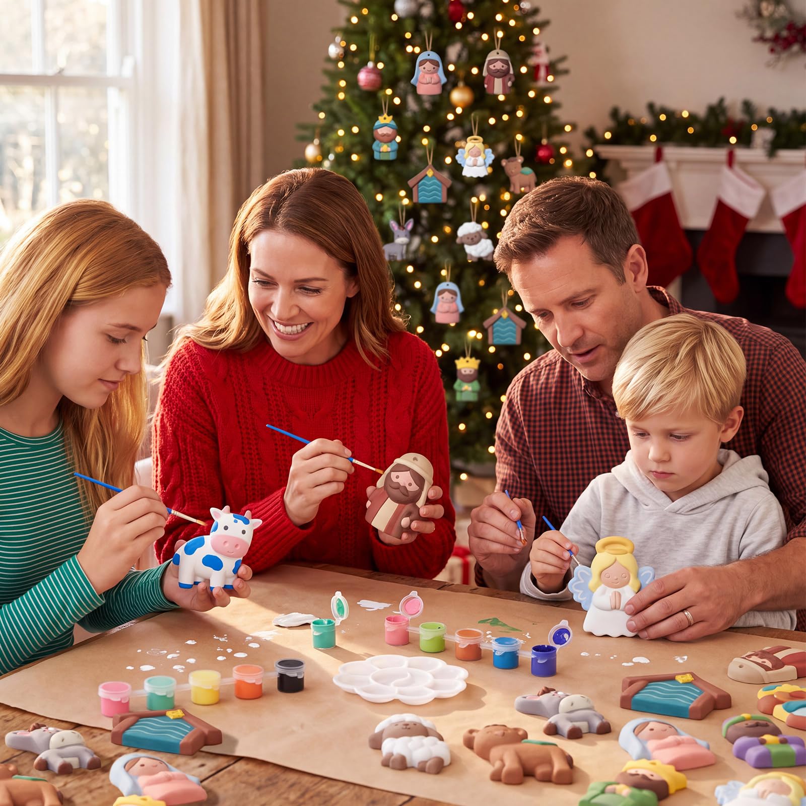 Soulchen Lot de 24 kits de peinture en céramique pour crèche de Noël - Peinture religieuse sur le thème de la naissance de Jésus - Décorations pour les vacances à faire soi-même - Kit d'activités de