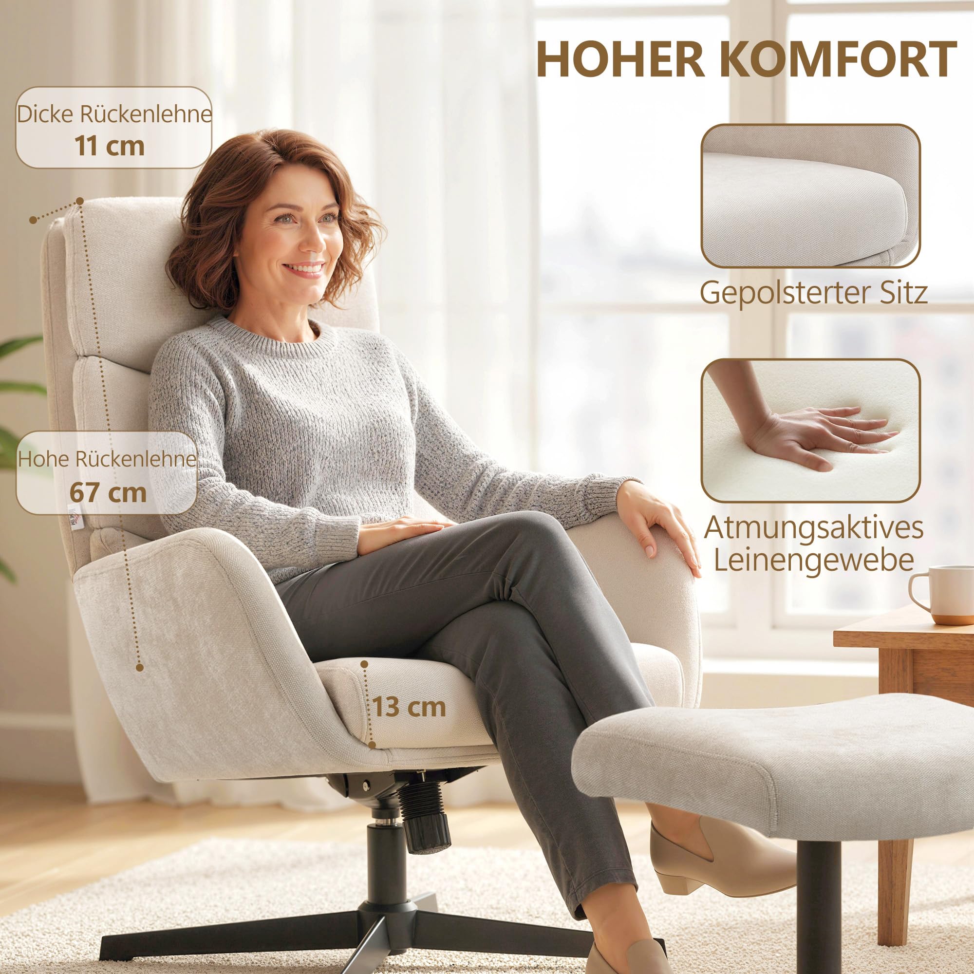 HOMCOM Relaxsessel mit Hocker mit Hoher Rückenlehne Wippfunktion Beige