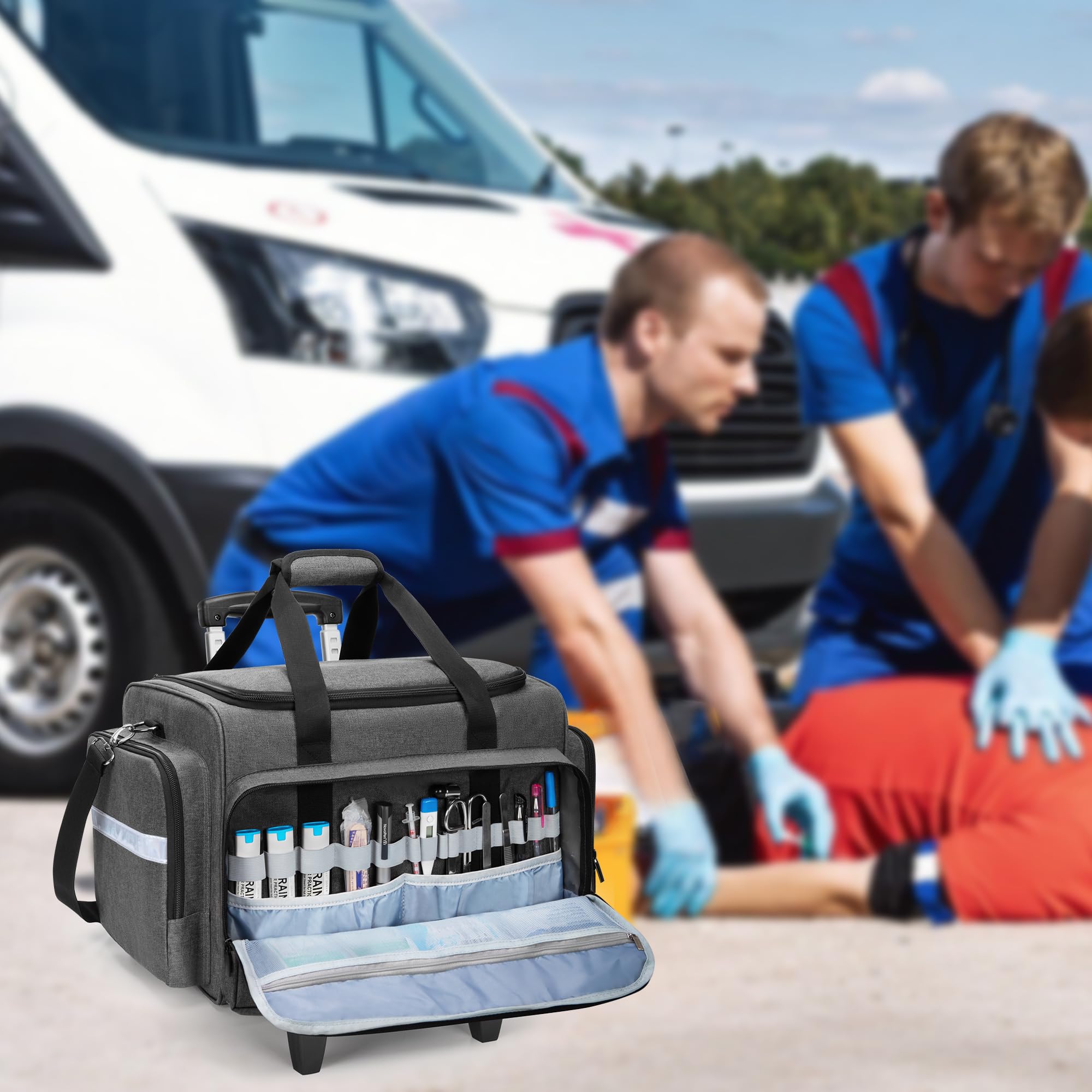 Damero Notfalltasche mit Abnehmbarem Trolley, Arzttasche mit Rollen für medizinische Geräte, Erste Hilfe Tasche für Krankenschwestern, Ärzte, Rettungssanitäter, EMS, Grau