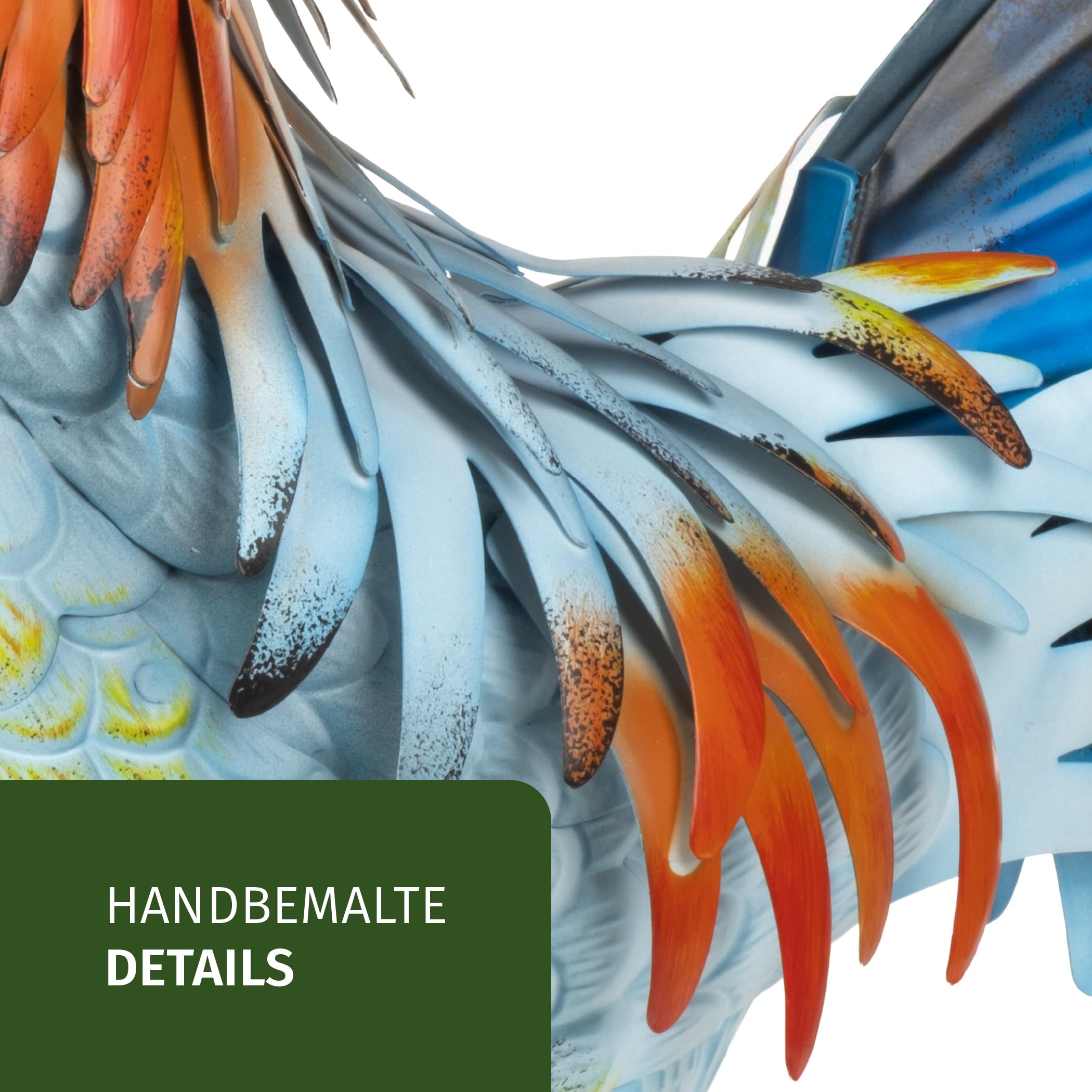 Moritz Deko Hahn Blau-Orange 46 cm - Gartenfigur Hühnerfigur aus Metall handbemalt - Landhausstil Vintage bunter Gockel freistehend für Garten Terrasse Balkon - Geschenk Frühling Ostern Muttertag