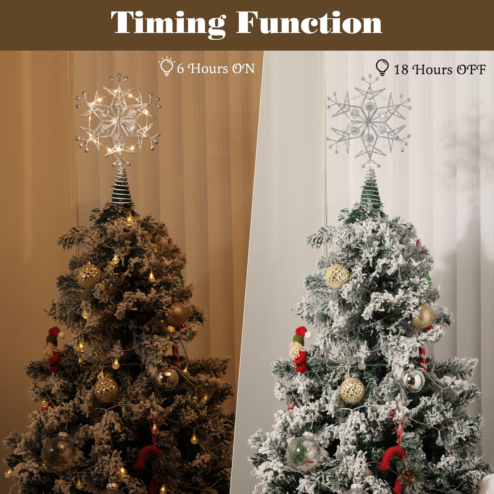 Lewondr Christmas Tree Topper, Metal Frame Snowflake Christmas Tree Topper with 15 Light Beads - Image 3