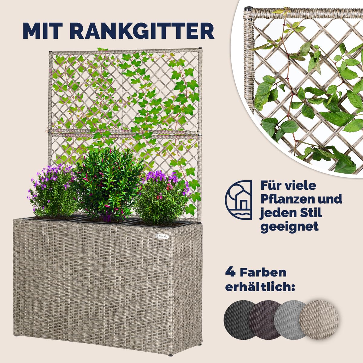 Casaria bloempot van handgeweven polyrattan cachepot plantenbak 4 binnenpotten uitneembare bloembak zwart