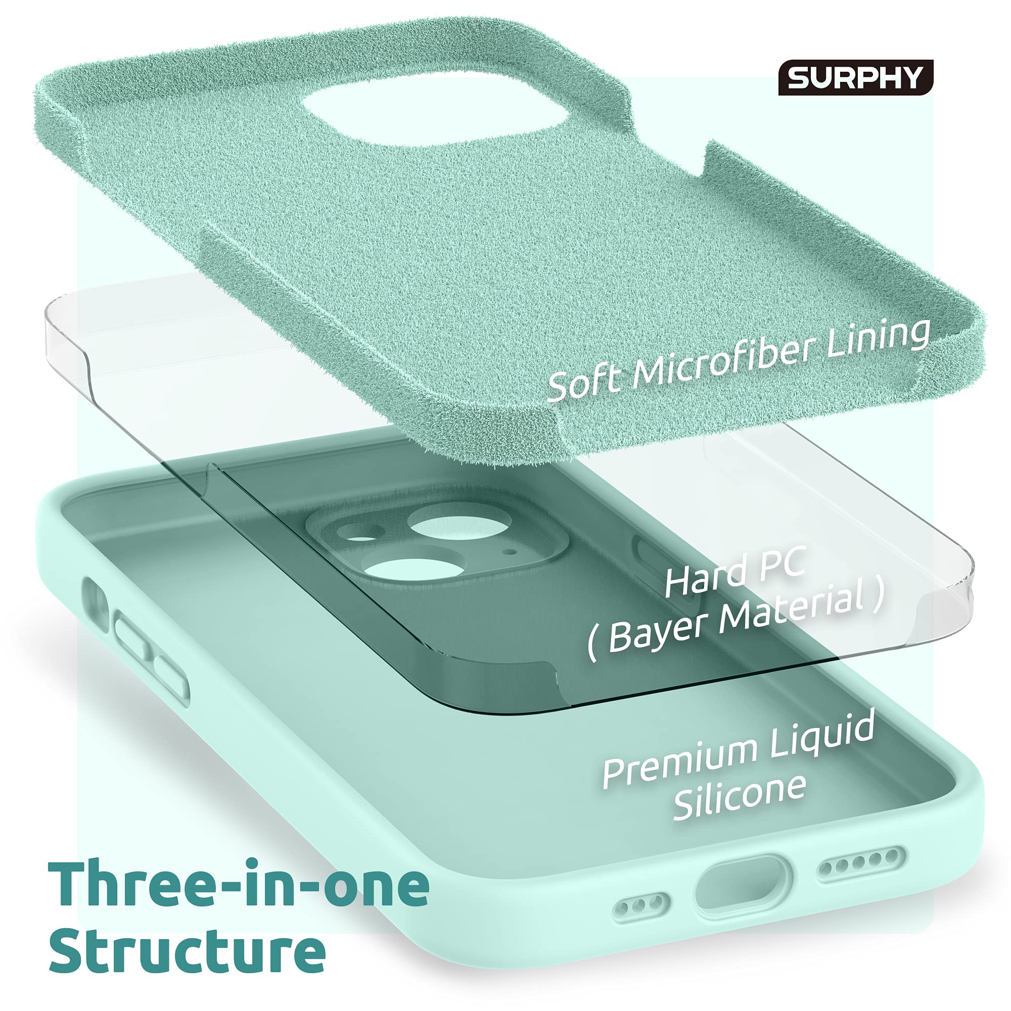 SURPHY Cover Compatibile con iPhone 13 (6,1”), Custodia in Silicone per iPhone 13 Cover Antiurto con Protezione Individuale per Ogni Lente Full Body Protettiva Case per iPhone 13 2021, Verde Mare