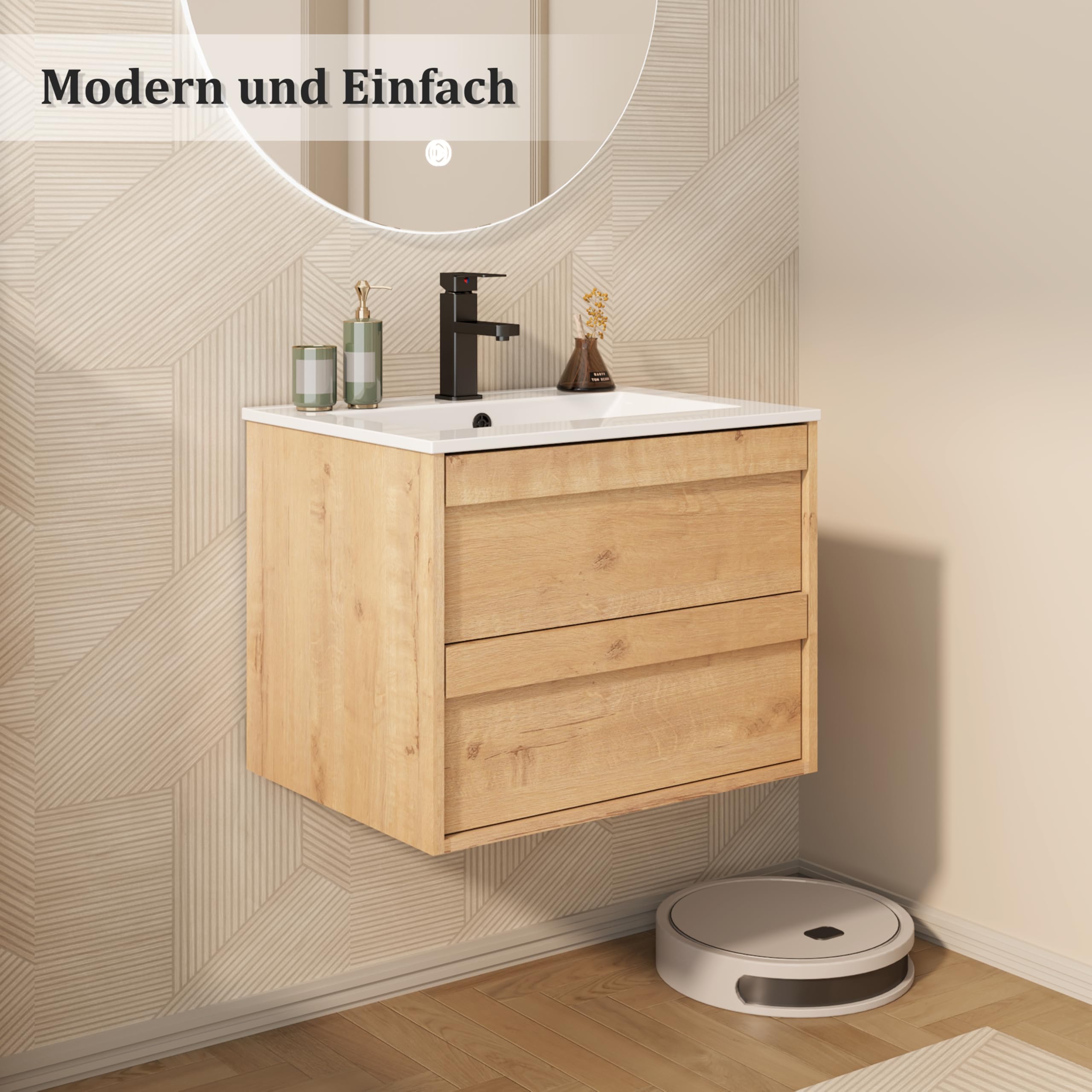 UEV Waschtisch mit Unterschrank, Waschbeckenunterschrank 60cm hängend, mit Soft-Close-System, Waschplatz, Aufsatzwaschbecken, Badezimmmer Möbel für Gäste WC, Badmöbel Set für Badezimmer, Natur