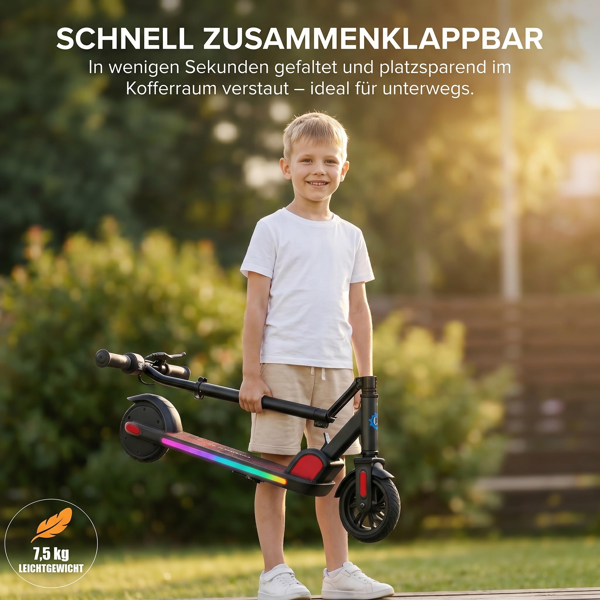 Caroma Elektroroller für Kinder von 6-12 Jahren, 150W Motor bis 16 km/h E Scooter, Faltbarer E Roller mit Bunte Leuchten & LED-Display，80 Min. Fahrzeit, Einstellbare Geschwindigkeit & Höhe