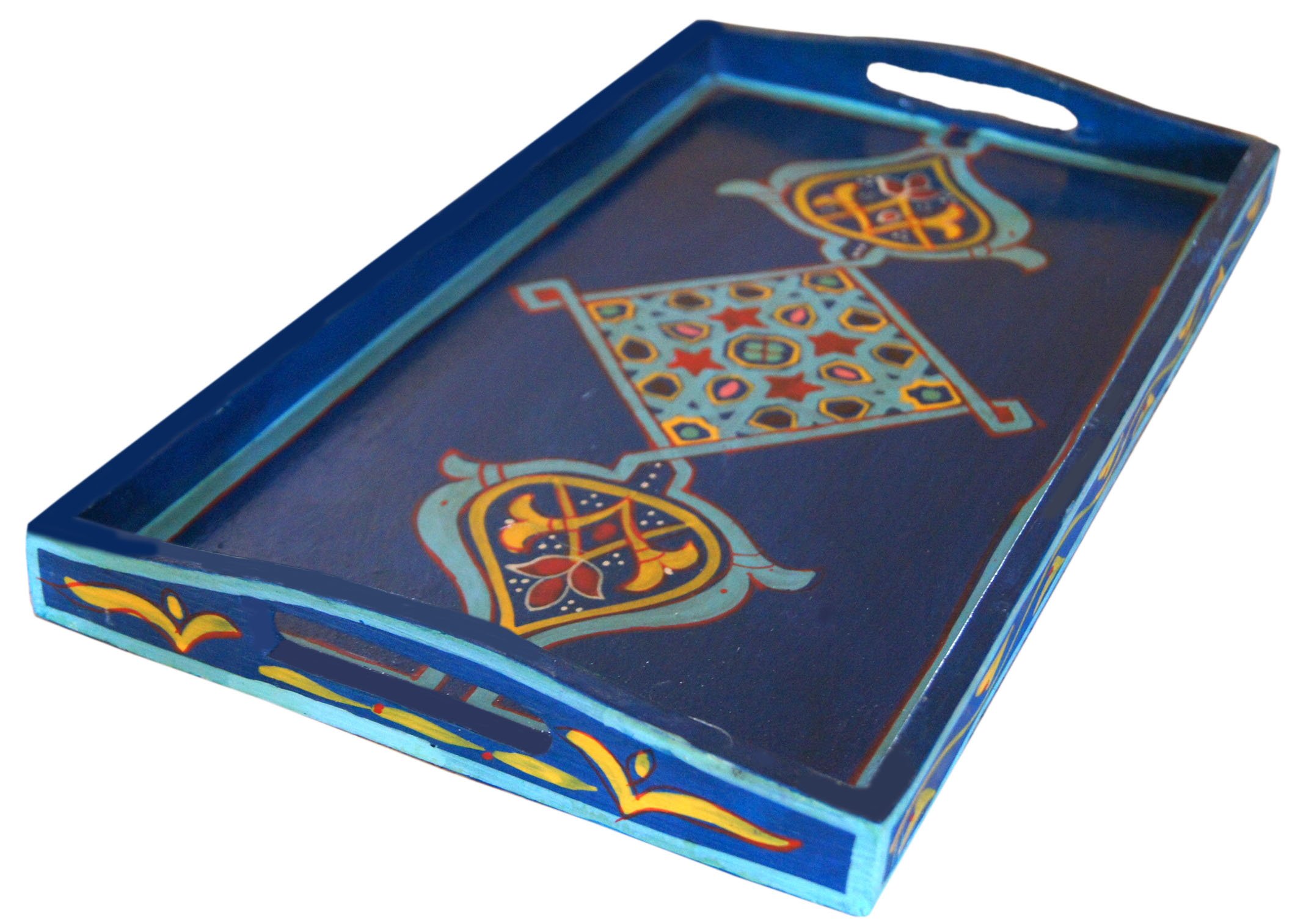 Handmade Moroccan Wood Tray Serving Painted Decorative with Handle for Tea Coffee Breakfast in Bed