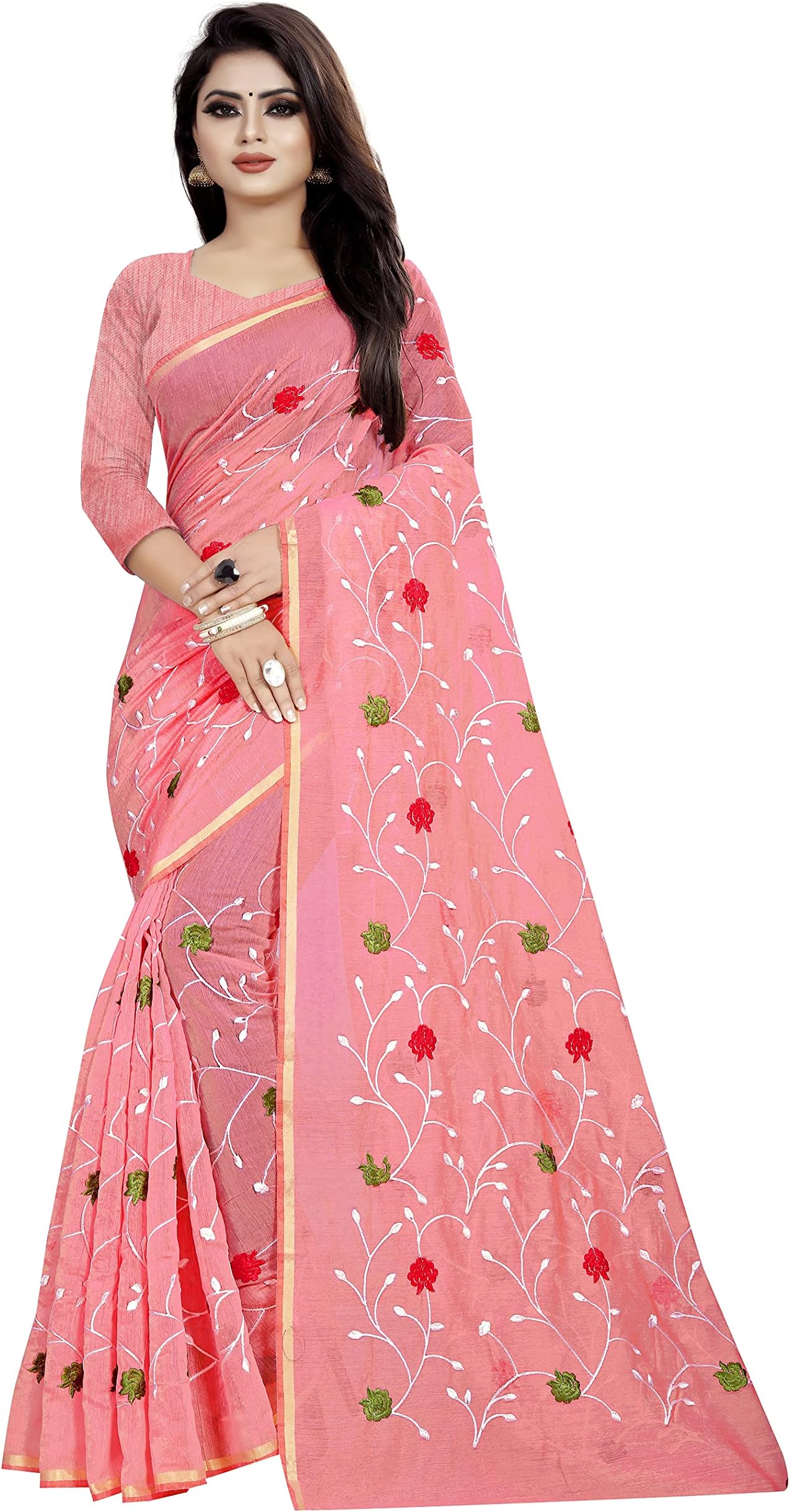 Radiance Star Pink Color Embroidered Chanderi Pure Cotton Saree With Plain Blouse Piece Designs Best New Sarees For Women