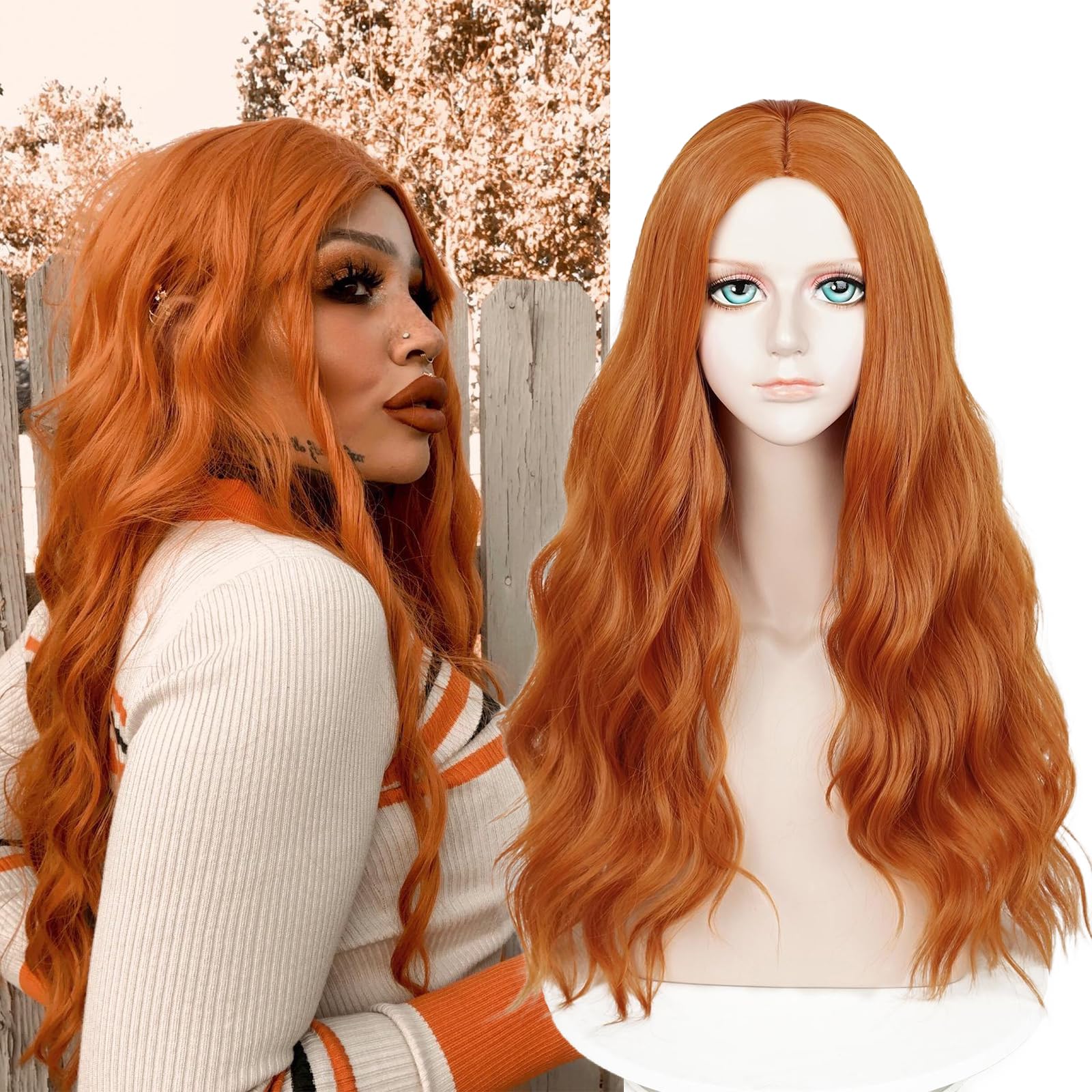 Probeauty Ginger Wig Long Orange Wig for Women Synthetic Heat Resistant Curly Wave Cosplay Wigs for Halloween Costume