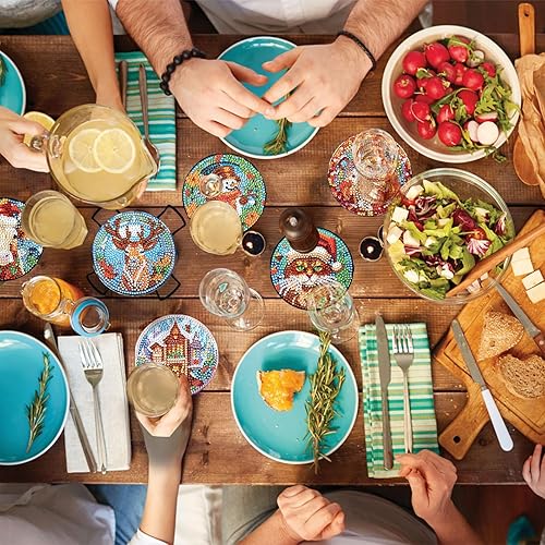 Miniatura 7 de 8 posavasos de pintura de diamantes de Navidad con soporte, kit de posavasos de arte de pintura de diamante, posavasos de bebida con base de corcho,