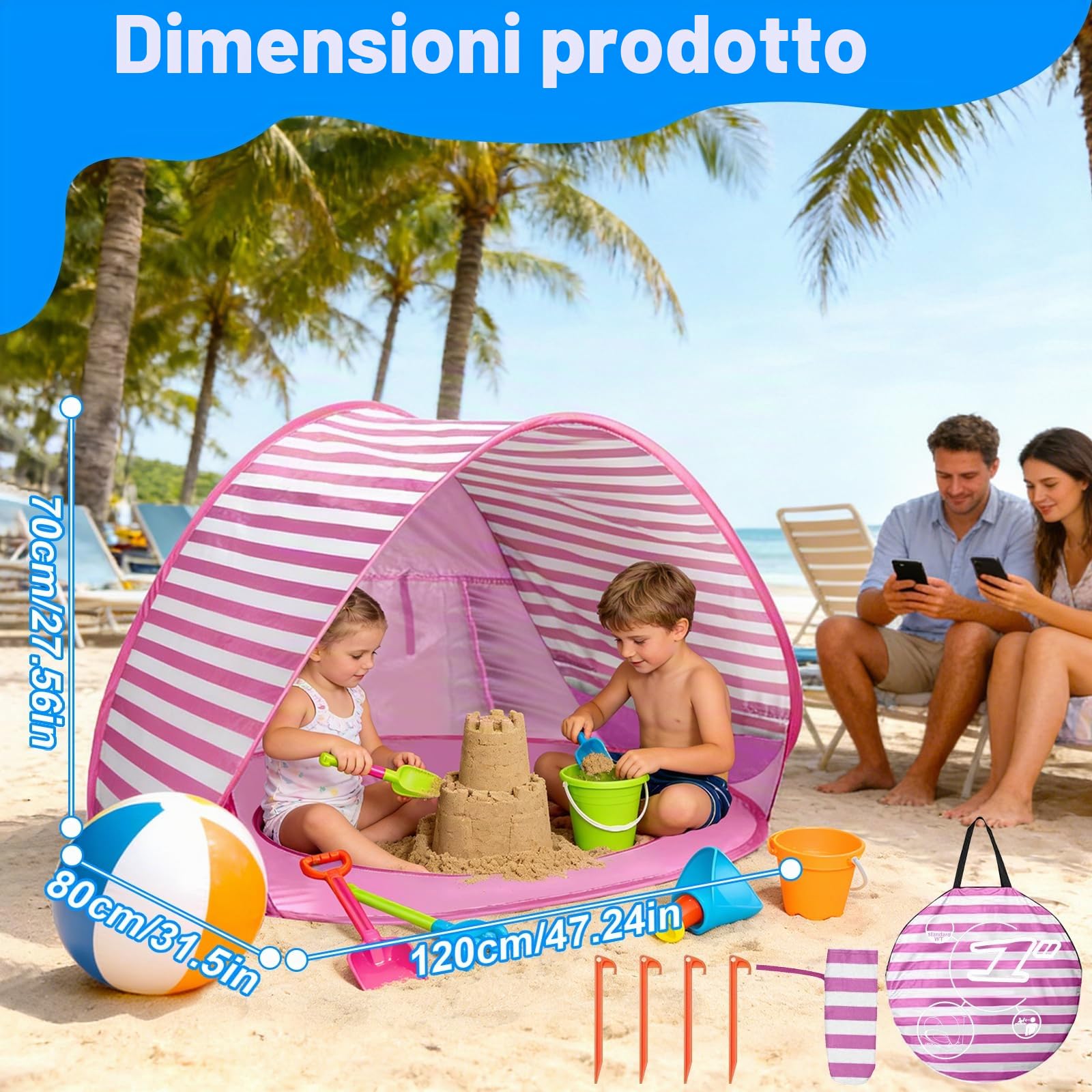 Tenda da Spiaggia Bambini, Tenda Istantanea Portatile, UPF 50+Tenda Spiaggia per 1-3 Persone, per Vacanza in Spiaggia Campeggio Viaggi - Rosa